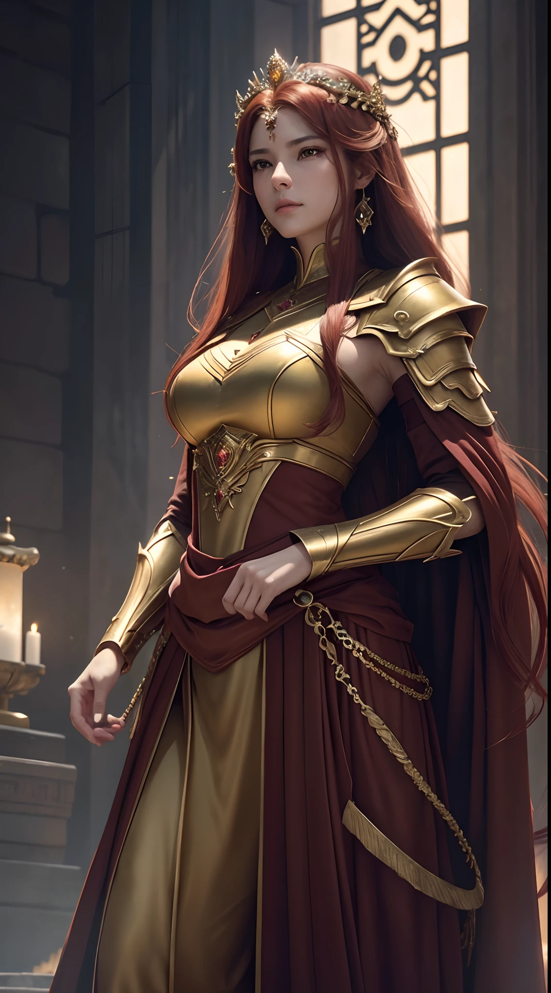 Gold and red tones、Fantasia、Ancient legends、the wind、Heroic figures on the battlefield、Best Quality, Very high resolution, 4K Detail CG, master piece、aesthetics、Mysterious、Queen of Thrones、Charisma、Ishtar, Goddess of War、Increase your fighting spirit、Invincible Great General、Be brave and bold、brave、great、rigor、Awe-inspiring Hall々、glorias、Prestige、Veteran Hero、An unparalleled beauty with a sharp gaze、Rin々Right、Guardians of Lions、refinement、noble、Proud、Wearing noble jewelry、Equip your weapons、The appearance is luxurious and golden armor、cloaks、tall and slender、Long hair with fiery red hair、thirds rule、Perfect Angle、perfect-composition、low angles、Perfect light and shadow contrast、(((masterpiece)))、(((top-quality)))、((ultra-definition))、(High Definition CG Illustration)、((extremely delicate and beautiful))、Cinematic Light、)
