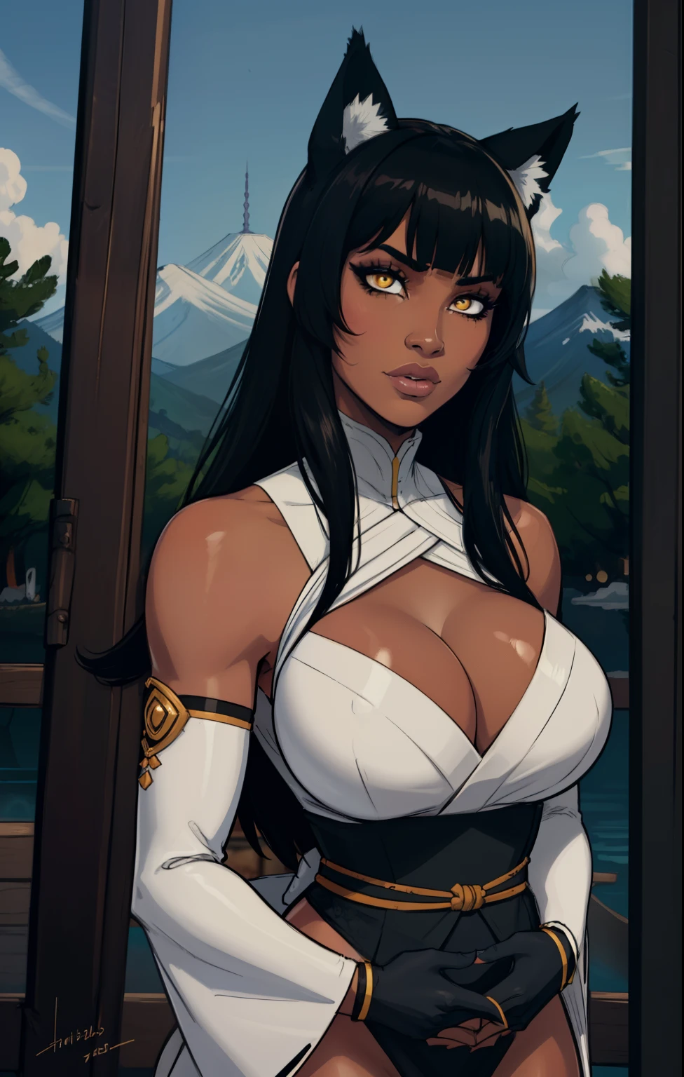 (masterpiece, best quality:1.3), highly detailed, intricate, professional art, digital art, 8K, blake belladonna, (african woman: 2.3), (dark skin: 2.8), stands and spread her hands for hugs, (japanese forest complex background, outside:1.15), cowboy shot, animal eyes, cat ears, black hair, long hair, blunt bangs, lipstick, (purple makeup:1.1), black eyeshadow, smokey eyes, detailed hair, ultra detailed face, yellow eyes, perfect eyes, perfect face, (very dark skin: 1.8), african, (tail:0), (japanese clothes:1.1), detached sleeves, (hip vent:0.9), (bridal gauntlets:1.1), shrug (clothing), black gloves, elbow gloves, (young female, 18 years old:1.1, dark-skinned: 2.4), Large Breasts, cleavage. Hands on her hips as she gazes at the viewer as she frowns.
