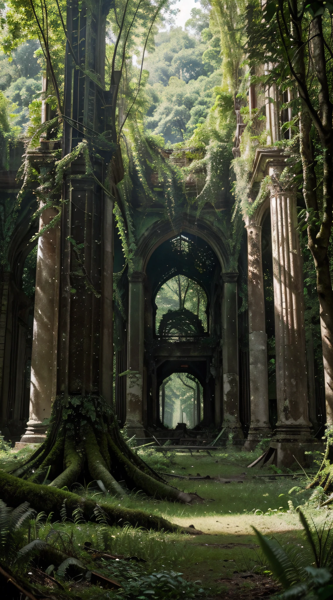 A lush, green forest, but full of ruins.

This image evokes a sense of contrast between the beauty of nature and the destruction caused by humanity. The trees and plants are growing lushly, but the remains of buildings and other human objects are scattered on the ground. This suggests that human civilization has collapsed, but nature is slowly recovering.