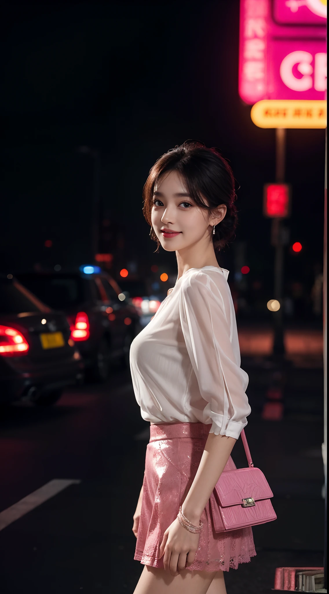 8k, masterpiece, RAW photo, best quality, photorealistic, extremely detailed CG unity 8k wallpaper, Depth of field, Cinematic Light, Lens Flare, Ray tracing, (extremely beautiful face, beautiful lips, beautiful eyes), intricate detail face, ((ultra detailed skin)) 1girl, in the dark, deep shadow, pretty korean girl, kpop idol,(very slim slender fit-muscled body:1.3), ((looking at viewer)),(big smile:1.3), (night, (neon sign), (blurry background), midnight, (without people in the background:1.3), pretty korean girl, white diamond earrings, bracelets, necklace, clear eyes, walking , front shot, (pale skin), face forward, (big eyes), full body shot, ((see through blouse)), (hot pink color blouse)), ((laced skirt)), (looking at viewer:1.3), very slim, medium breasts, Hermes bag, tight mini skirt, updo hair, short hair, medium butts