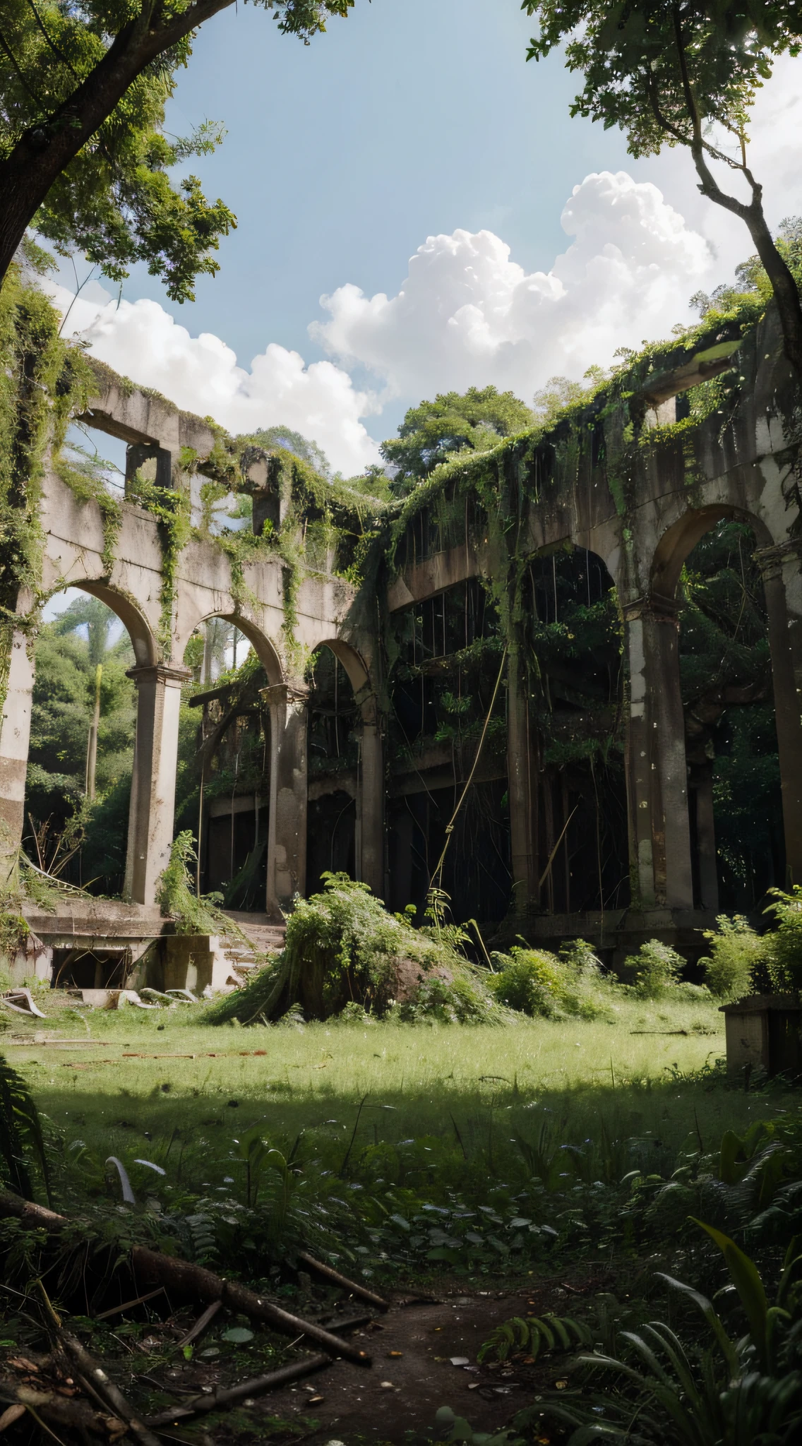 A lush, green forest, but full of ruins.
This image evokes a sense of contrast between the beauty of nature and the destruction caused by humanity. The trees and plants are growing lushly, but the remains of buildings and other human objects are scattered on the ground. This suggests that human civilization has collapsed, but nature is slowly recovering.