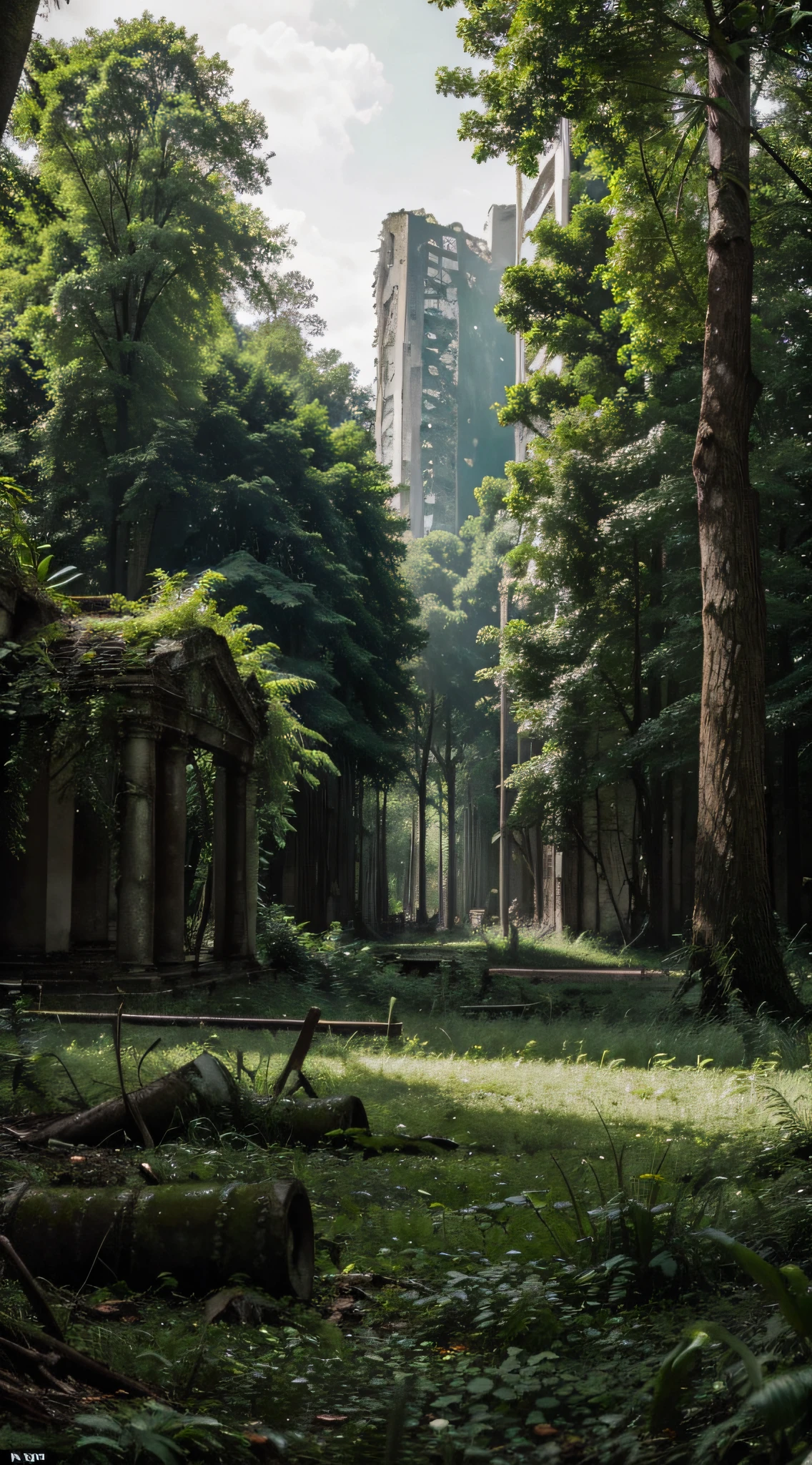 A lush, green forest, but full of ruins.

This image evokes a sense of contrast between the beauty of nature and the destruction caused by humanity. The trees and plants are growing lushly, but the remains of buildings and other human objects are scattered on the ground. This suggests that human civilization has collapsed, but nature is slowly recovering.