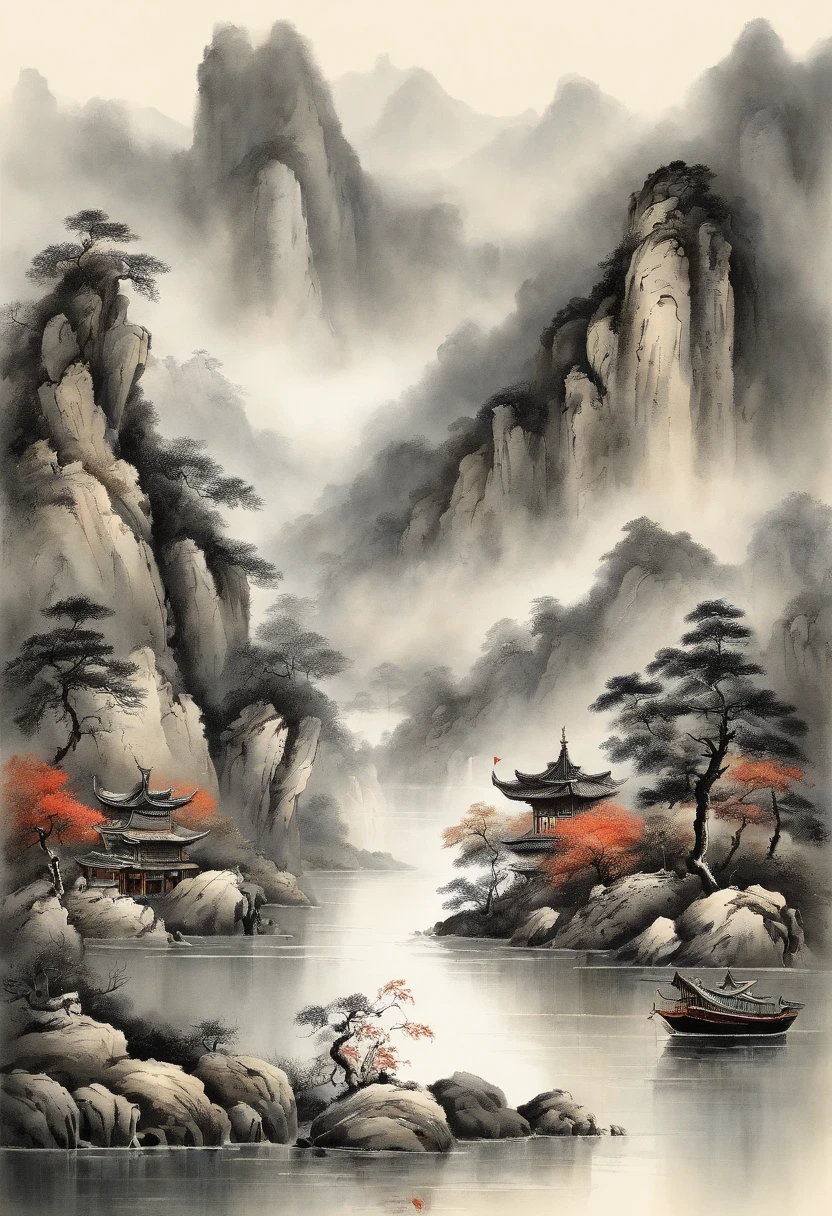 Best quality, Ultra-fine details, high resolution, Masterpiece:1.2, Immerse yourself in the beautiful landscape, Impeccable brushstrokes, Impressive ink, Adopt a wide-angle viewing angle, Breath-taking mountain views, Deep and majestic atmosphere, Beautifully depicted ships sailing through the mountains, Describe the vessel and its surroundings in detail, Traditional Chinese art, Expressing the tranquility and harmony of nature, Subtle tonal changes, Soft color palette, Gentle and warm atmosphere, Exhibited at famous exhibitions - Chinese ink landscape paintings,The composition is stunning,emotive depth,Capture the tranquility of the mountains. Texture strokes and tonal changes are very detailed, Reveal the complexity of the ship and the beauty of the surrounding landscape. Traditional Chinese art styles create a peaceful and harmonious atmosphere,Immerse viewers in natural wonders. This masterpiece is of the highest quality, Features ultra-fine detail and high-resolution images, Make it an impressive and breathtaking work of art,Perfect to capture the essence of Chinese ink landscape painting.