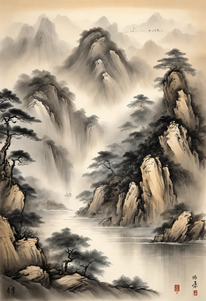 Best quality, Ultra-fine details, high resolution, Masterpiece:1.2, Immerse yourself in the beautiful landscape, Impeccable brushstrokes, Impressive ink, Adopt a wide-angle viewing angle, Breath-taking mountain views, Deep and majestic atmosphere, Beautifully depicted ships sailing through the mountains, Describe the vessel and its surroundings in detail, Traditional Chinese art, Expressing the tranquility and harmony of nature, Subtle tonal changes, Soft color palette, Gentle and warm atmosphere, Exhibited at famous exhibitions - Chinese ink landscape paintings,The composition is stunning,emotive depth,Capture the tranquility of the mountains. Texture strokes and tonal changes are very detailed, Reveal the complexity of the ship and the beauty of the surrounding landscape. Traditional Chinese art styles create a peaceful and harmonious atmosphere,Immerse viewers in natural wonders. This masterpiece is of the highest quality, Features ultra-fine detail and high-resolution images, Make it an impressive and breathtaking work of art,Perfect to capture the essence of Chinese ink landscape painting.
