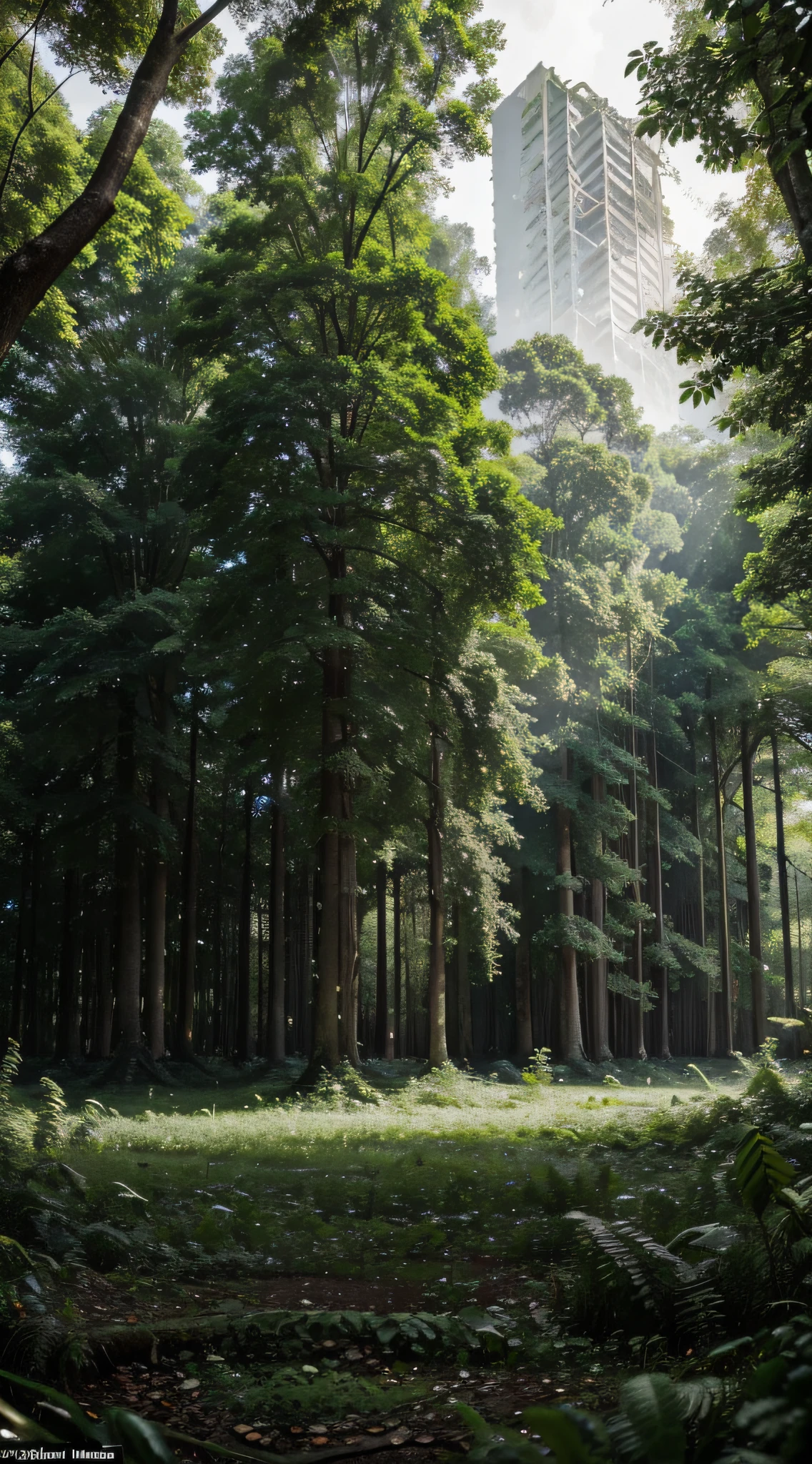 A lush, green forest, but full of ruins.

This image evokes a sense of contrast between the beauty of nature and the destruction caused by humanity. The trees and plants are growing lushly, but the remains of buildings and other human objects are scattered on the ground. This suggests that human civilization has collapsed, but nature is slowly recovering.