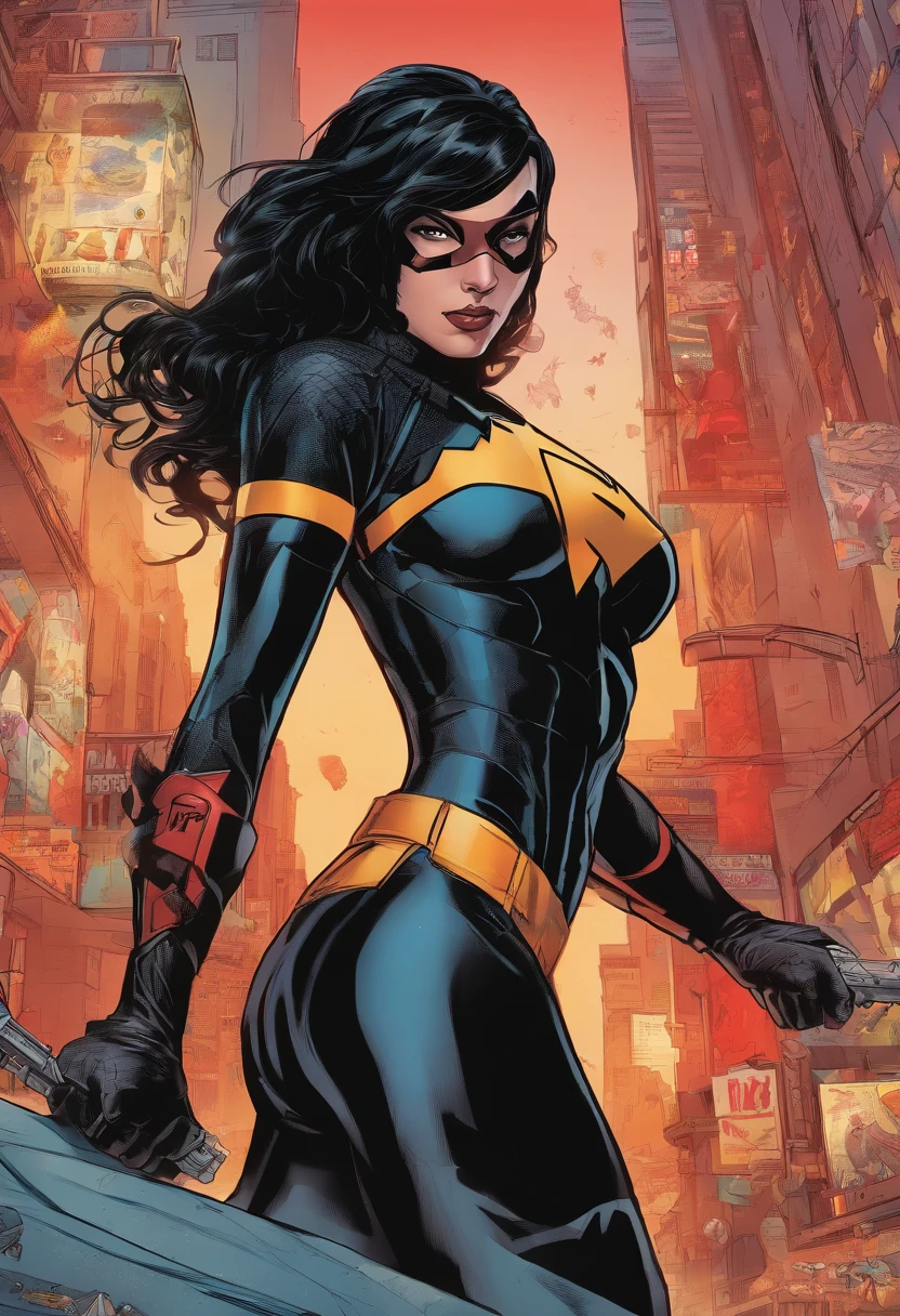 Kitty, uma vigilante (anti-heroin)munida de colete kevlar escuro, luvas negras, cabelos curtos vermelhos, cinto de utilidades, super-sensual anti-heroine from Detroit, Your small arms blades in your hands, art direction Adam Hughes