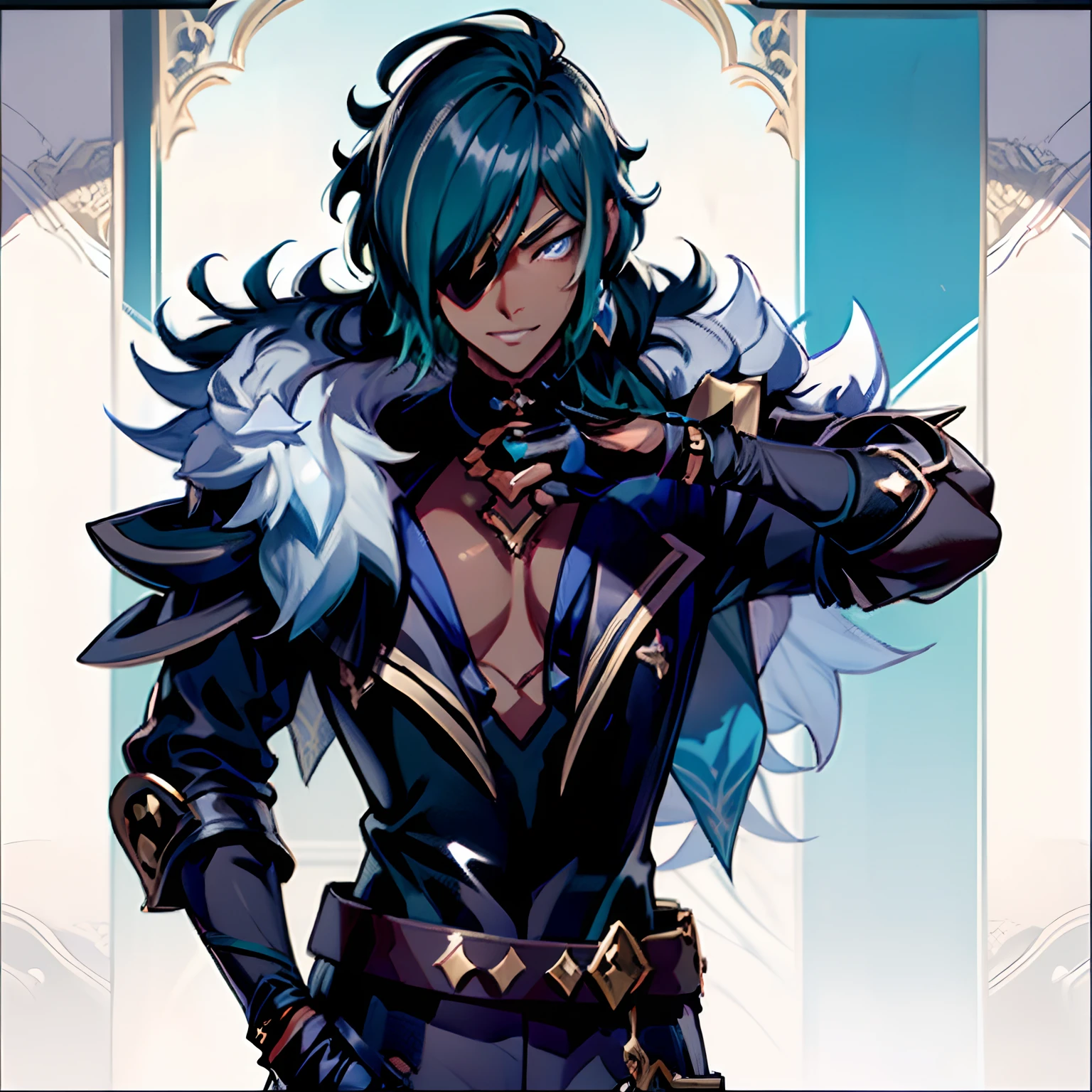 a closeup, 1boy in, Kaeya (mykaeya),indigo eyes, Dark blue hair, ponytail long Hair, ((black leather pants, Black latex long gloves and thigh high boots)), cyan-colored lines on the body, Heart Nipple Less, The chest is  visible, Tattoo of the upper abdomen:1.1), Eyes without light, Smug grin, Black ornament on forehead, Bat feather hair ornament, Dynamic and sexy pose, top-quality, ​masterpiece, hight resolution, intricate detailes, ((anatomically accurate)),((eyepatch)), ((Dark skin))