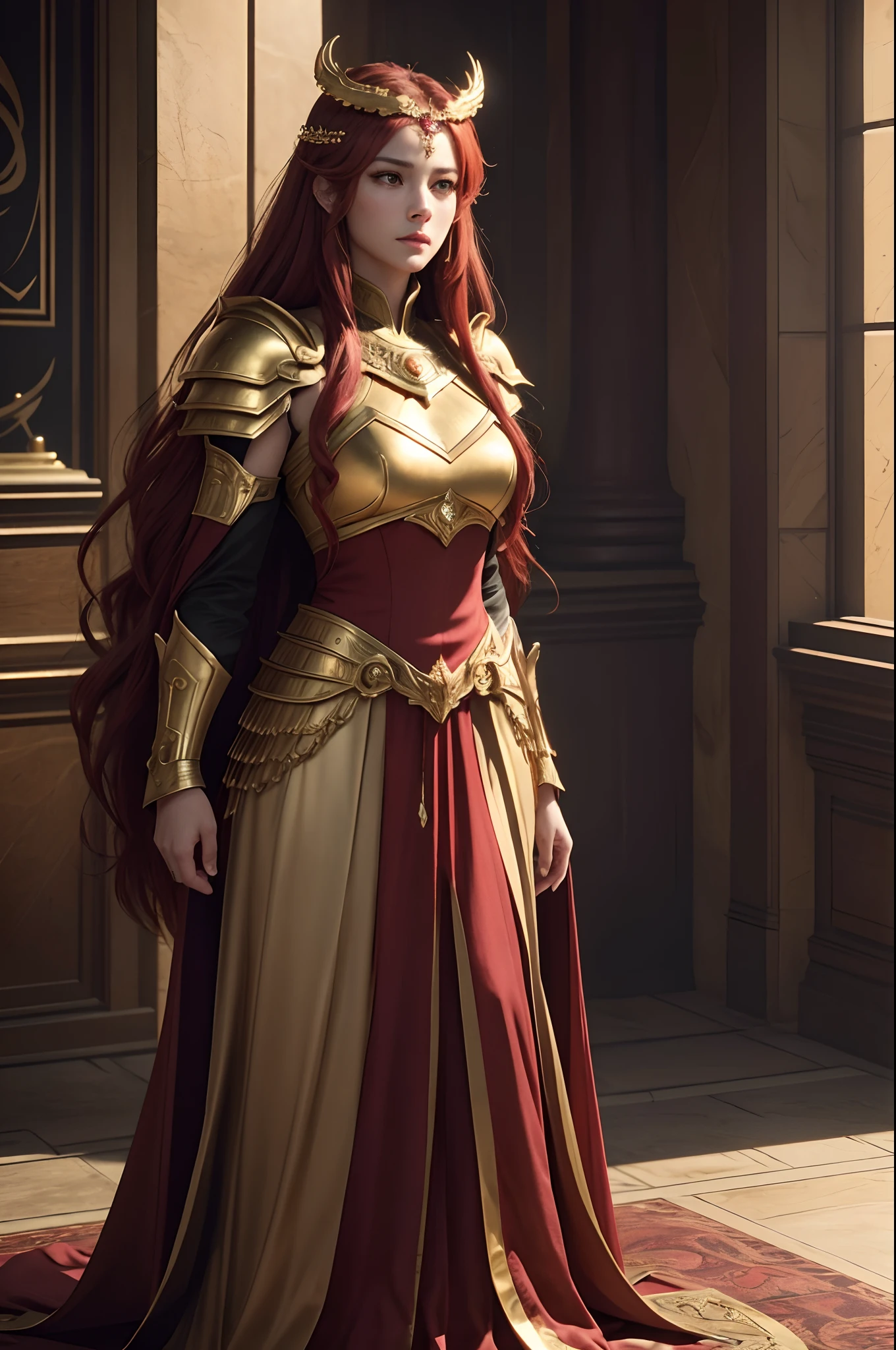 Gold and red tones、Fantasia、Ancient legends、eventide、Best Quality, Very high resolution, 4K Detail CG, ​master piece、aesthetics、Mysterious、Queen of Thrones、Charisma、Ishtar, Goddess of War、Increase your fighting spirit、Invincible Great General、Be brave and bold、brave、great、rigor、Awe-inspiring Hall々、glorias、Prestige、Veteran Hero、An unparalleled beauty with a sharp gaze、Rin々Right、Guardians of Lions、refinement、noble、Proud、Wearing noble jewelry、Equip your weapons、The appearance is luxurious and golden armor、cloaks、tall and slender、Long hair with fiery red hair、thirds rule、Perfect Angle、perfect-composition、low angles、Perfect light and shadow contrast、(((​masterpiece)))、(((top-quality)))、((ultra-definition))、(High Definition CG Illustration)、((extremely delicate and beautiful))、Cinematic Light、）