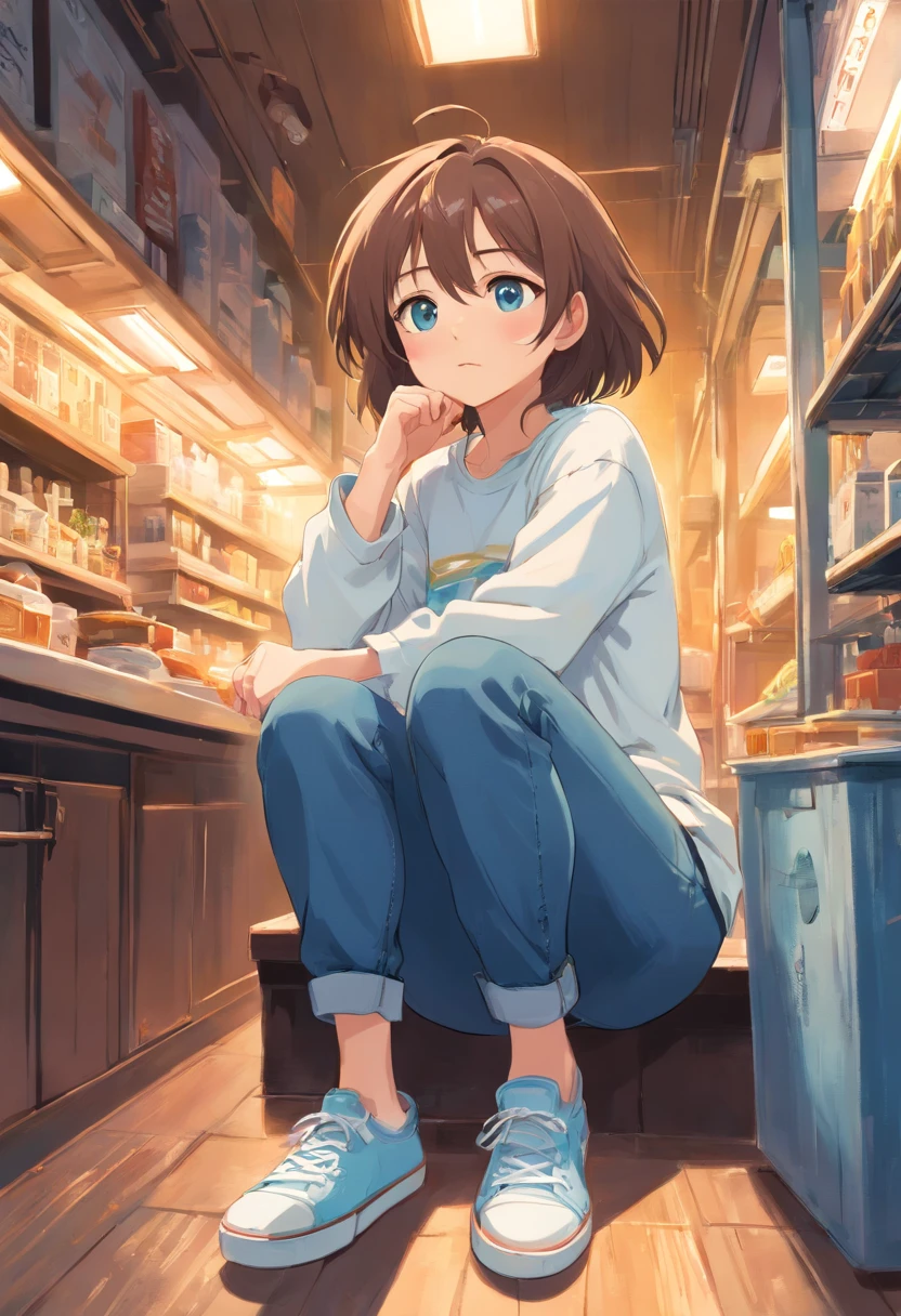 (Weird and slovenly, Young appearance, Unkheveled hair, Pale complexion, Deep dark circles, Eyes widened, White long-sleeved or 8-sleeved T-shirt, Baby blue jeans, No socks, Do not tie your shoes, hunchback)