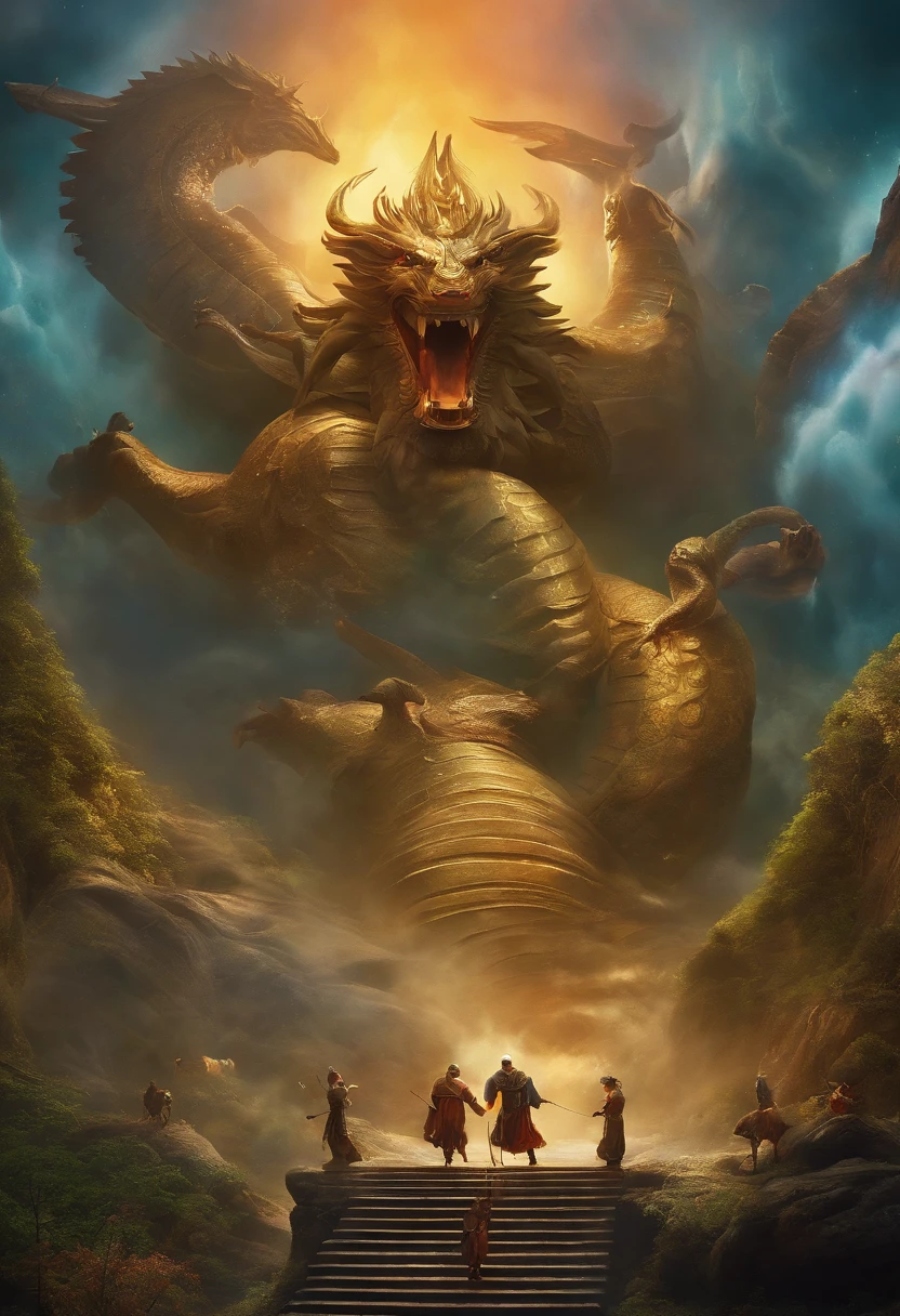 Create a realistic painting,The content is Journey to the West,Four masters and apprentices battle aliens