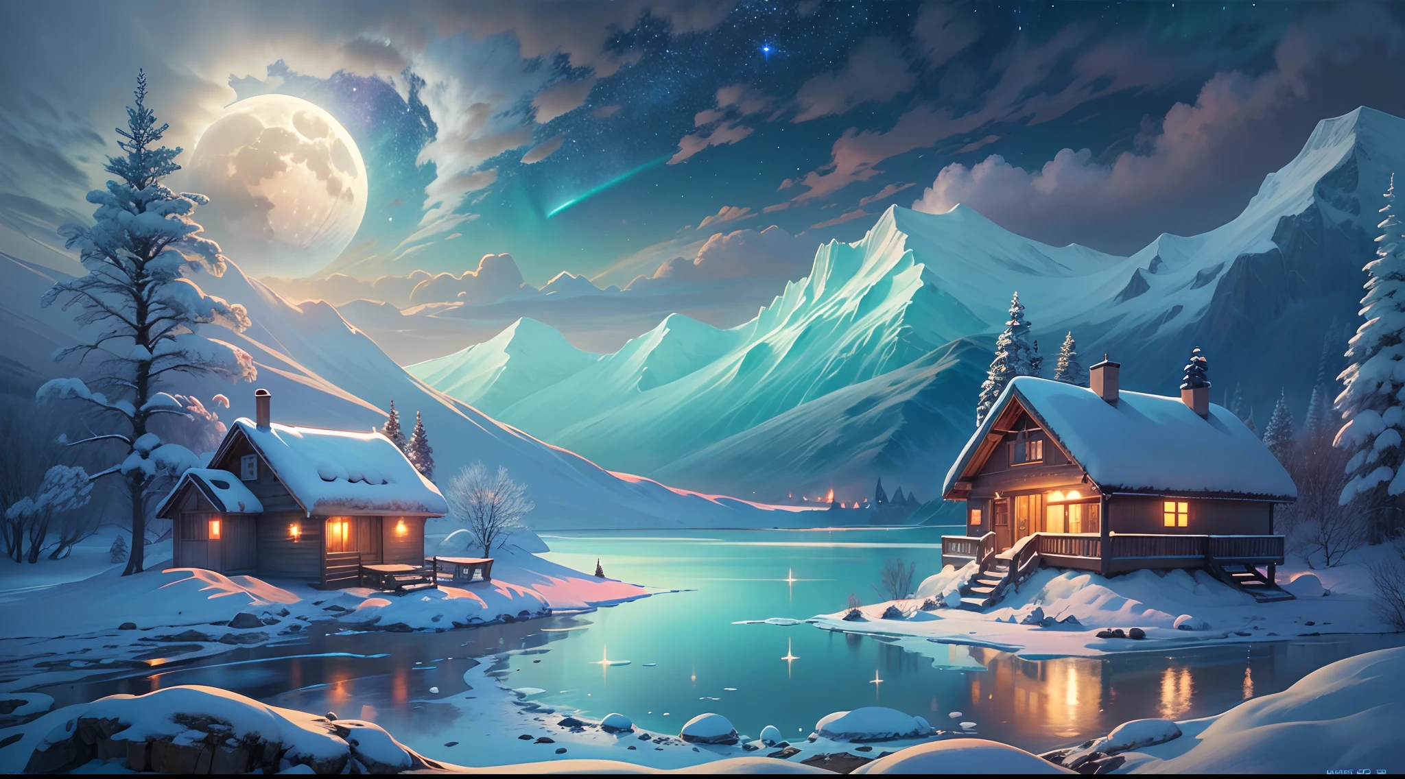 Best quality,A high resolution,(Masterpiece:1.2),Northern Lights,(Towering snow-capped mountains), (cottage house covered in snow),(reindeer),yukito,(sled),(clouds),Mist,(Moon),(galaxias), Breathtaking landscapes, Icy cliffs, Frozen lake, peacful, Majestic beauty, (Starry night), ethereal glowing, A miracle of nature, Peaceful solitude, Celestial wonders, vast, Natural phenomena, Silent night, Serene reflection, glittering stars, Mysterious charm