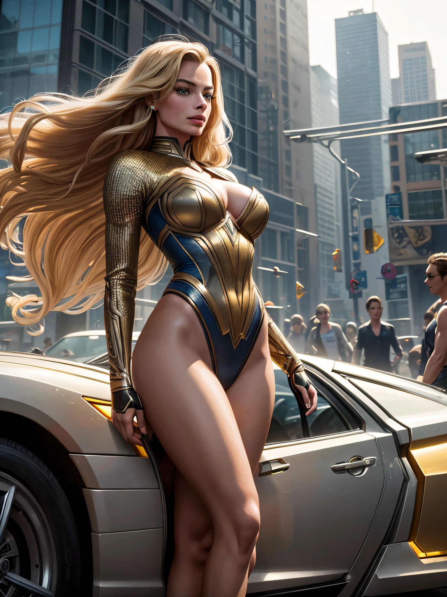 Margot Robbie as An enigmatic beautiful golden haired woman, she's from other planet, has extraordinary strength and power, seeking for her cousin, Donning a Kryptonian noble warrior costume, levitate, insanely detailed and intricate background scene, the eighties era, professional masterpiece street photography, in midjourney 5 style. in 4x upscale