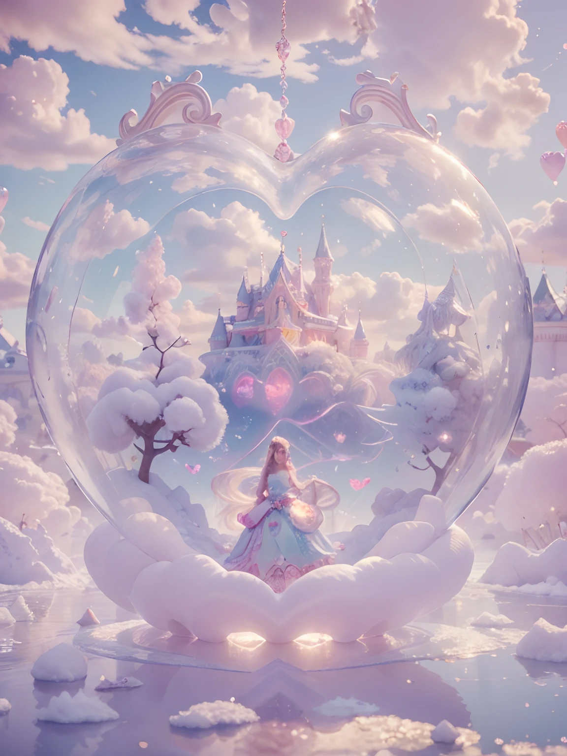 inside a heart shaped bubble a Cotton Candy Queen Women Goddess 8k Resolution Rendered Hyper Realistic Intricate Detail lives in an frosty heart shaped ice bubble, a fanciful place filled with castles, cotton candy, swans lakes and fluffy clouds, An intricate visual representation of computer programing, rendered in 24k resolution with intricate details and symbols.