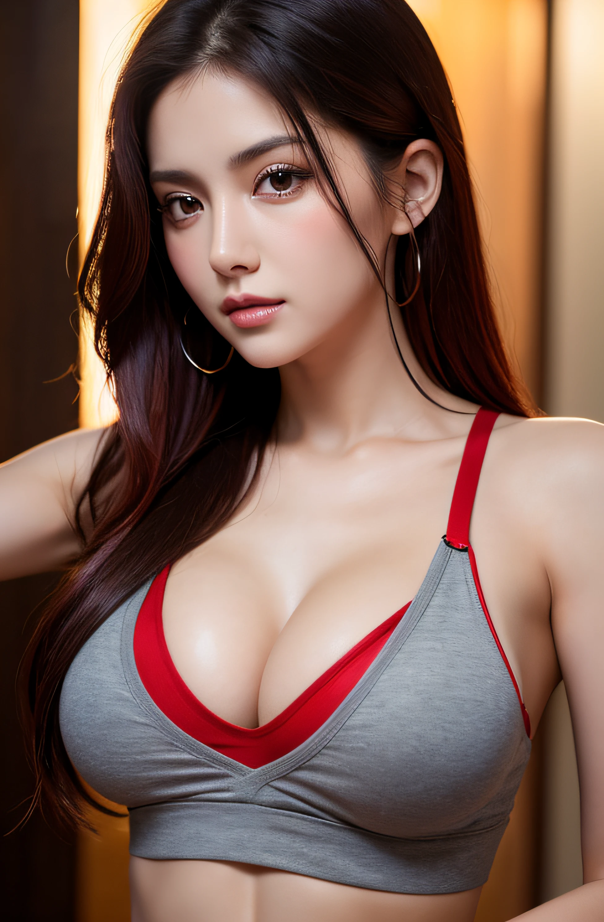(RAW photo) a girl with sexy t-shirt, squeezed her breasts with her arms, (medium breasts), cleavage, medium long hair, (black and red hair), upper body photo, Realistic light, Hyper-realistic, best quality, 8K, ((detailed hands)), correct anatomy.