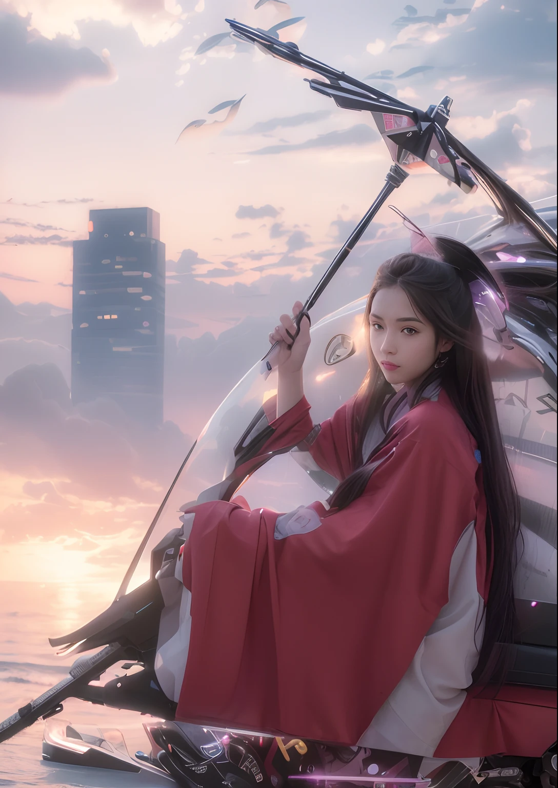 Highest image quality, outstanding details, ultra-high resolution, (realism: 1.4), the best illustration, favor details, highly condensed 1girl, with a delicate and beautiful face, dressed in a black and fuschia mecha, holding a directional controller, riding on a motorcycle, the background is a high-tech lighting scene of the future city.
