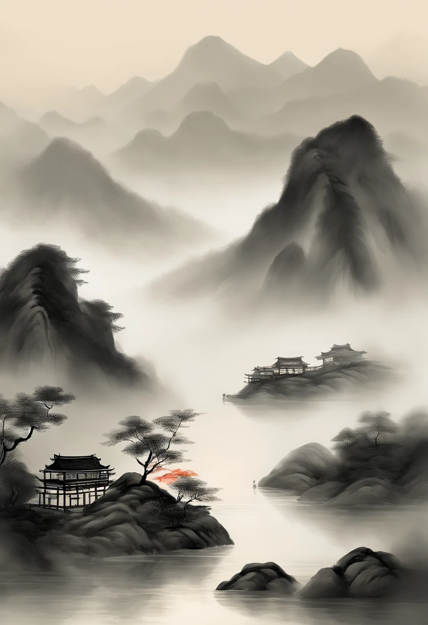 Best quality, Ultra-fine details, high resolution, Masterpiece:1.2, Immerse yourself in the beautiful landscape, Impeccable brushstrokes, Impressive ink, Adopt a wide-angle viewing angle, Breath-taking mountain views, Deep and majestic atmosphere, Beautifully depicted ships sailing through the mountains, Describe the vessel and its surroundings in detail, Traditional Chinese art, Expressing the tranquility and harmony of nature, Subtle tonal changes, Soft color palette, Gentle and warm atmosphere, Exhibited in a famous exhibition - Chinese ink landscape painting，The composition is stunning，emotive depth，Capture the tranquility of the mountains. Texture strokes and tonal changes are very detailed, Reveal the complexity of the ship and the beauty of the surrounding landscape. Traditional Chinese art styles create a peaceful and harmonious atmosphere，Immerse viewers in natural wonders. This masterpiece is of the highest quality, Features ultra-fine detail and high-resolution images, Make it an impressive and breathtaking work of art，Perfect to capture the essence of Chinese ink landscape painting.