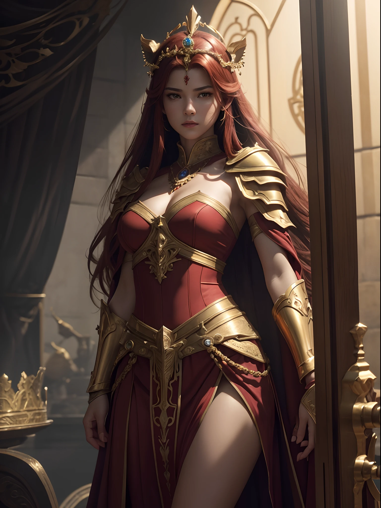 Gold and red tones、Fantasia、Ancient legends、Heroic figures on the battlefield、Best Quality, Very high resolution, 4K Detail CG, ​master piece、aesthetics、Mysterious、Queen of Thrones、Charisma、Ishtar, Goddess of War、Increase your fighting spirit、Invincible Great General、Be brave and bold、brave、great、rigor、Awe-inspiring Hall々、glorias、Prestige、Veteran Hero、An unparalleled beauty with a sharp gaze、Rin々Right、Guardians of Lions、refinement、noble、Proud、Wearing noble jewelry、Equip your weapons、The appearance is luxurious and golden armor、cloaks、tall and slender、Long hair with fiery red hair、thirds rule、Perfect Angle、Dynamic composition、perfect-composition、low angles、Perfect light and shadow contrast、(((​masterpiece)))、(((top-quality)))、((ultra-definition))、(High Definition CG Illustration)、((extremely delicate and beautiful))、Cinematic Light、）