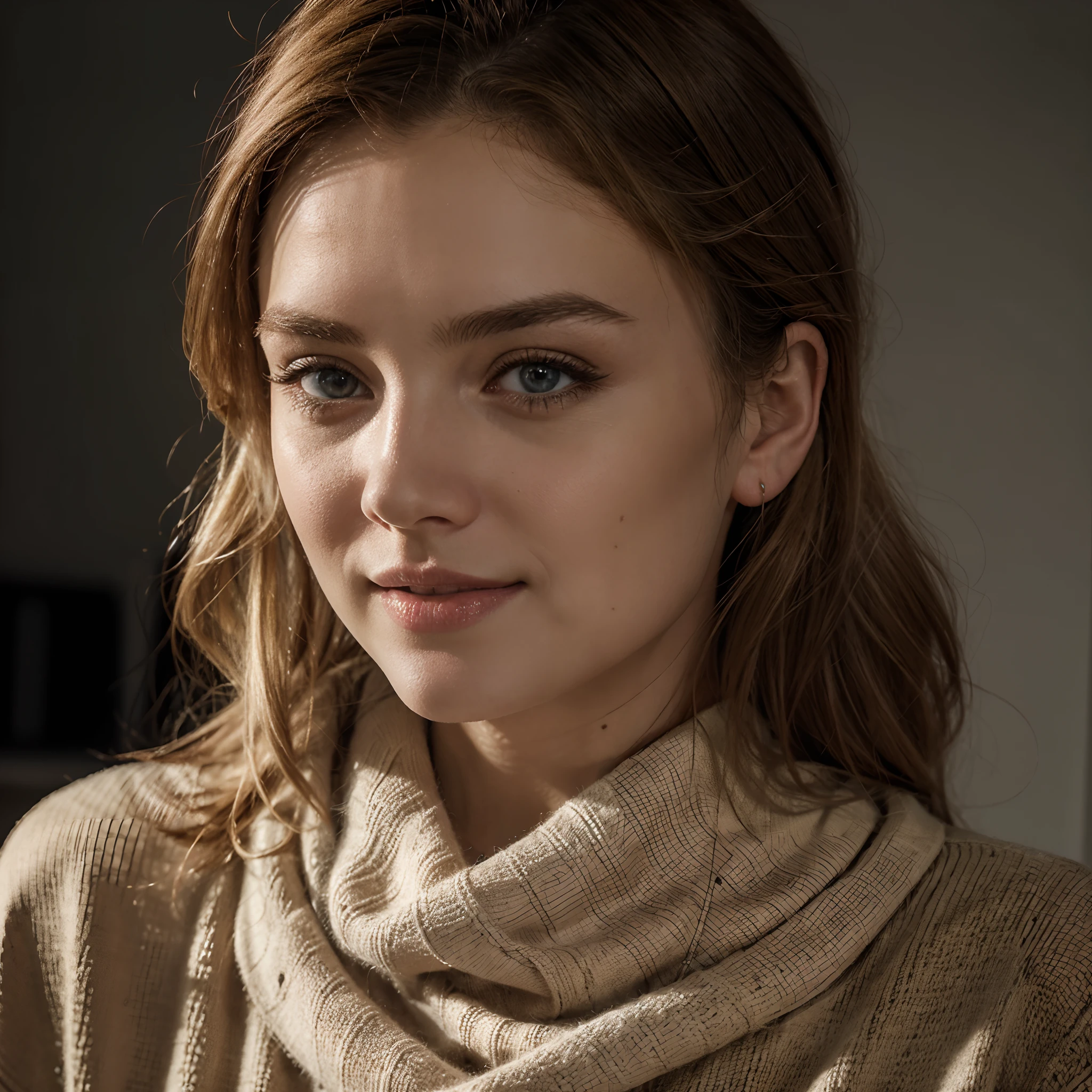 Dramatische Beleuchtung, highest quality, Filmstill im Kino, Beautiful blonde with blonde highlights, wearing a beige sweater , mit modernen kopftuch sehr detailliert, 22 Jahre, Unschuldiges Gesicht, Brown Eyes, Marilyn Monroes Gesicht, flirtet mit der Kamera, hight resolution, Meisterwerk, best quality, Komplizierte hohe Detailgenauigkeit, sehr detailliert, Scharfer Fokus, Detaillierter Skin, Realistische Hautstruktur, Textur, Detaillierte Augen, Professionell, charming smile, Schmolllippen, Perfectly fitting body, Extrem detailliert, Nachbearbeitung, Maximale Details, Rauhigkeit, wirkliches Leben, Ultra-realistisch, Fotorealismus, Fotografie, 8K UHD, Photographie Cowboy fotografiert, schmutzig, somber atmosphere, Körperstraffung, Perfektes Gesicht, Schau dir den Betrachter an, (Detaillierter Skin), (Redness:1) schwach, natural lightting, (direktes Licht:0.4), 8mm Filmkorn, fotografiert auf einer Sony a9 II, 24mm Objektiv, f/2.8 openings, Vertiefte Konzentration, (....RAW),