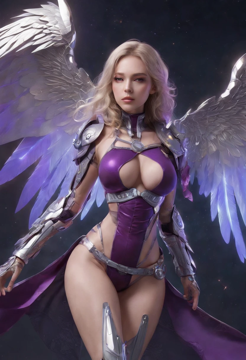 (masterpiece, top quality, best quality, official art, beautiful and aesthetic:1.2), (1girl:1.3), extremely long curly golden hair, extremely detailed, portrait, looking at viewer, solo, (full body:0.6), detailed background, close up, (cool science fiction space theme:1.1), extremely busty valkyrie, charlatan, mysterious, shooting lasers in space, cybernetic angel, huge feathered wings, chrome boob armor, dark purple streamers and skirts and sleeves and knee wrappings, cybernetic implants, mechanical hand, laser cannon, arm cannon, revealing chrome armor, bare midriff, glowing laser energy, halo, intricate armor, ornate chrome armor, sheer white fabric, elegant purple fabric, skirts, streamers, cowl, boots, bracers, ((((gigantic breasts)))), slim waist, slim hips, long legs, athletic, SPACE, futuristic moon, (space exterior:1.1) background, dark mysterious lighting, shadows, magical atmosphere, dutch angle