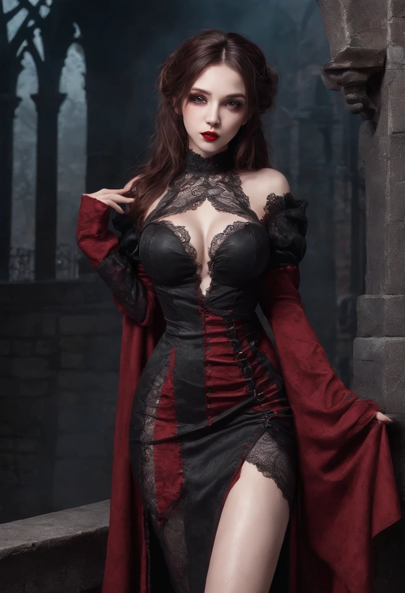 (masterpiece, top quality, best quality, official art, beautiful and aesthetic:1.2), (1girl:1.3), long and curly dark brown hair, ((extravagant updo)), Victorian style, extremely detailed, portrait, looking at viewer, solo, (full body:0.6), detailed background, close up, mischievous eyes, (cold midnight castle theme:1.1), extremely busty vampire, long fangs, blood on chin, huge lips, charlatan, smirk, mysterious, being seductive on a balcony, revealing gothic dress, lace, extremely tight bodice, black attire, red skirts, off shoulder, long sleeves, loose sleeves, black leather, cloak, corset, black dress, fishnets, thigh high black boots, buckles, straps, pouches, glowing blood magic energy, dark red fabric, silver trim, black leather, gigantic breasts, cleavage, skindentation, slim waist, slim hips, long legs, medieval (gothic castle exterior:1.1) background, nighttime, dark mysterious lighting, shadows, magical atmosphere, dutch angle