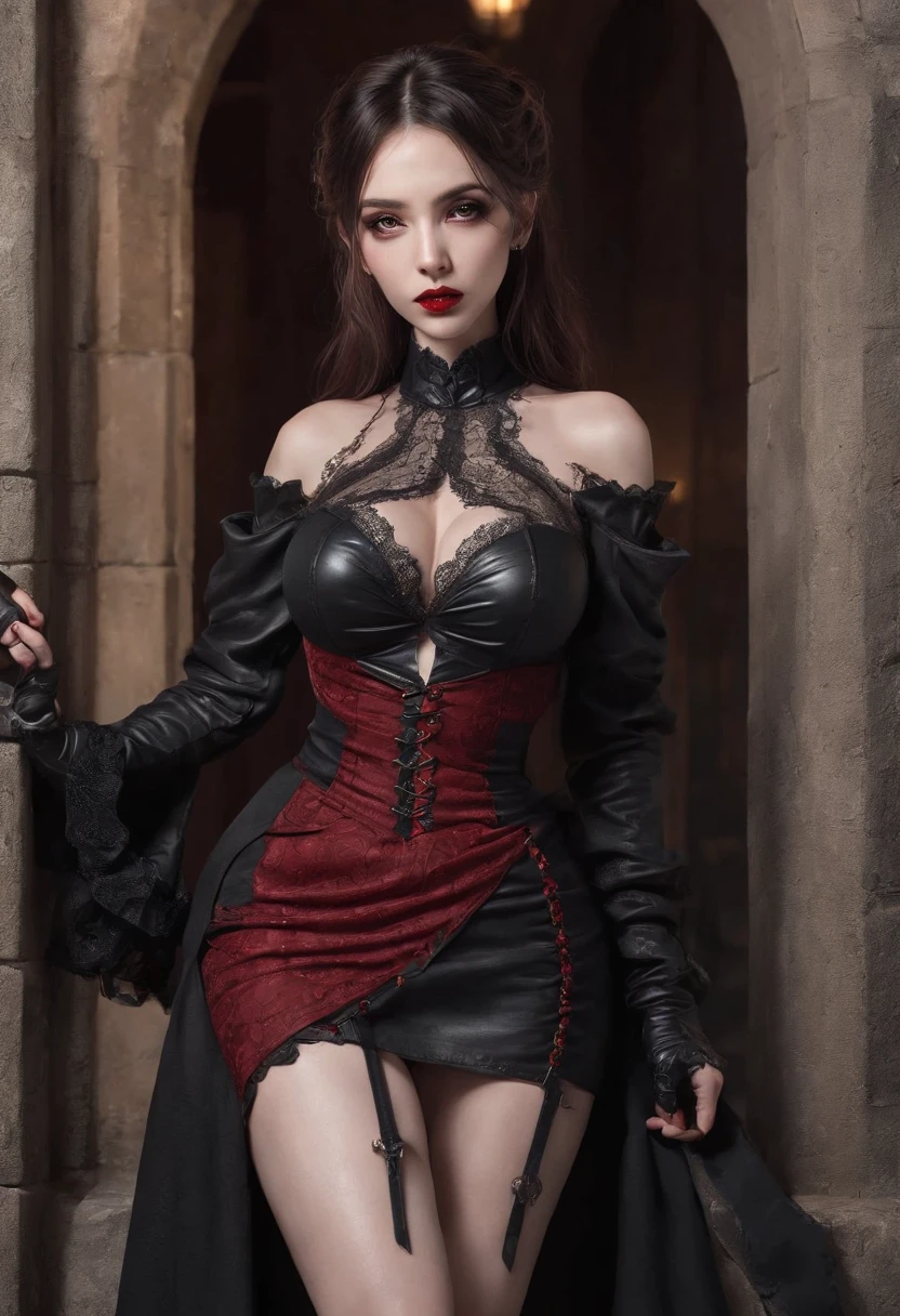 (masterpiece, top quality, best quality, official art, beautiful and aesthetic:1.2), (1girl:1.3), long and curly dark brown hair, ((extravagant updo)), Victorian style, extremely detailed, portrait, looking at viewer, solo, (full body:0.6), detailed background, close up, mischievous eyes, (cold midnight castle theme:1.1), extremely busty vampire, long fangs, blood on chin, huge lips, charlatan, smirk, mysterious, being seductive on a balcony, revealing gothic dress, lace, extremely tight bodice, black attire, red skirts, off shoulder, long sleeves, loose sleeves, black leather, cloak, corset, black dress, fishnets, thigh high black boots, buckles, straps, pouches, glowing blood magic energy, dark red fabric, silver trim, black leather, gigantic breasts, cleavage, skindentation, slim waist, slim hips, long legs, medieval (gothic castle exterior:1.1) background, nighttime, dark mysterious lighting, shadows, magical atmosphere, dutch angle