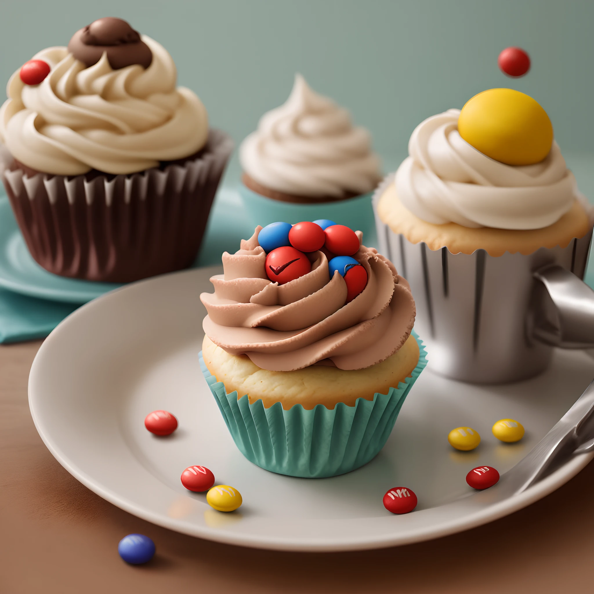 M&M character holding a cupcake