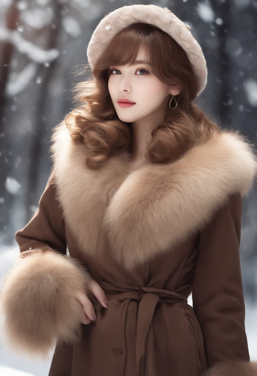 Half Japan and half Spanish, Perfect face, A big smile staring at the camera,1girl in, Bare_tree, brown_Eyes, brown_furr, built, coat,in snow,snowscape,cleavage of the breast, Cross_earrings, 耳环, furred, fur-trim_coat, furr_Collar, furr_scarf, furr_trim, jewely, s lips, Shorthair, up looking_で_viewer, plein air, Yuki, Yuki, 独奏, The tree, 上半身_Body, Winters, Winters_Clothes, Detailed_Eyes,large full breasts、Bring your chest together with your arms、Point your chest at the camera、Colossal tits、Put your ears out、The face of the golden ratio、The body of the golden ratio、top-quality、The ultra -The high-definition、bangss、thick bangs、Shorthair、Short bob hair、shorth hair、short and beautiful hair,Perfect Anatomy、high-definition RAW color photography, professional photograpy, extremely delicate and beautiful, Extremely detailed,finely detail, Huge file size,Top image quality,8K,Photos taken with a single-lens reflex camera