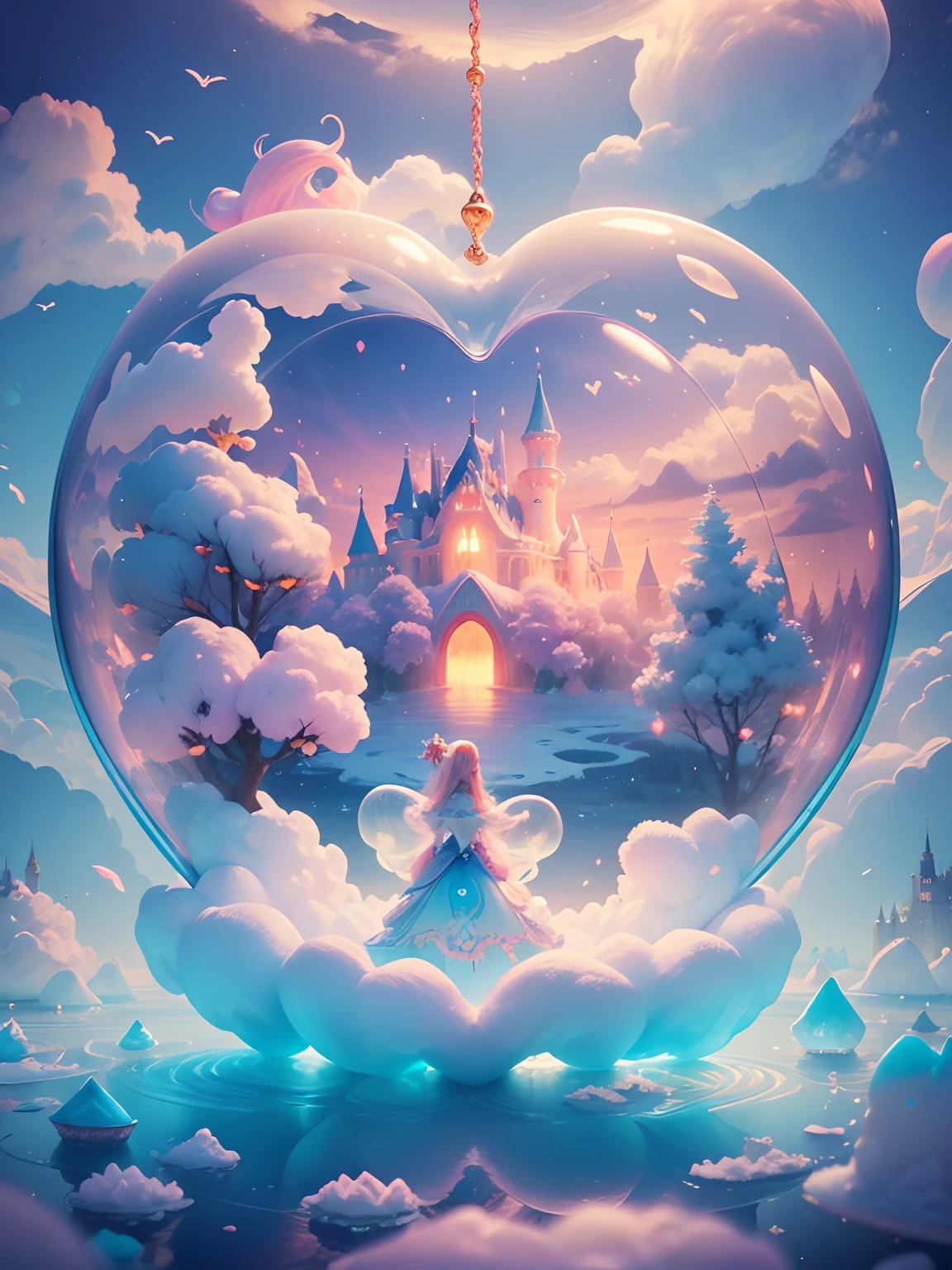 inside a heart shaped bubble a Cotton Candy Queen Women Goddess 8k Resolution Rendered Hyper Realistic Intricate Detail lives in an frosty heart shaped ice bubble, a fanciful place filled with castles, cotton candy, swans lakes and fluffy clouds, An intricate visual representation of computer programing, rendered in 24k resolution with intricate details and symbols.