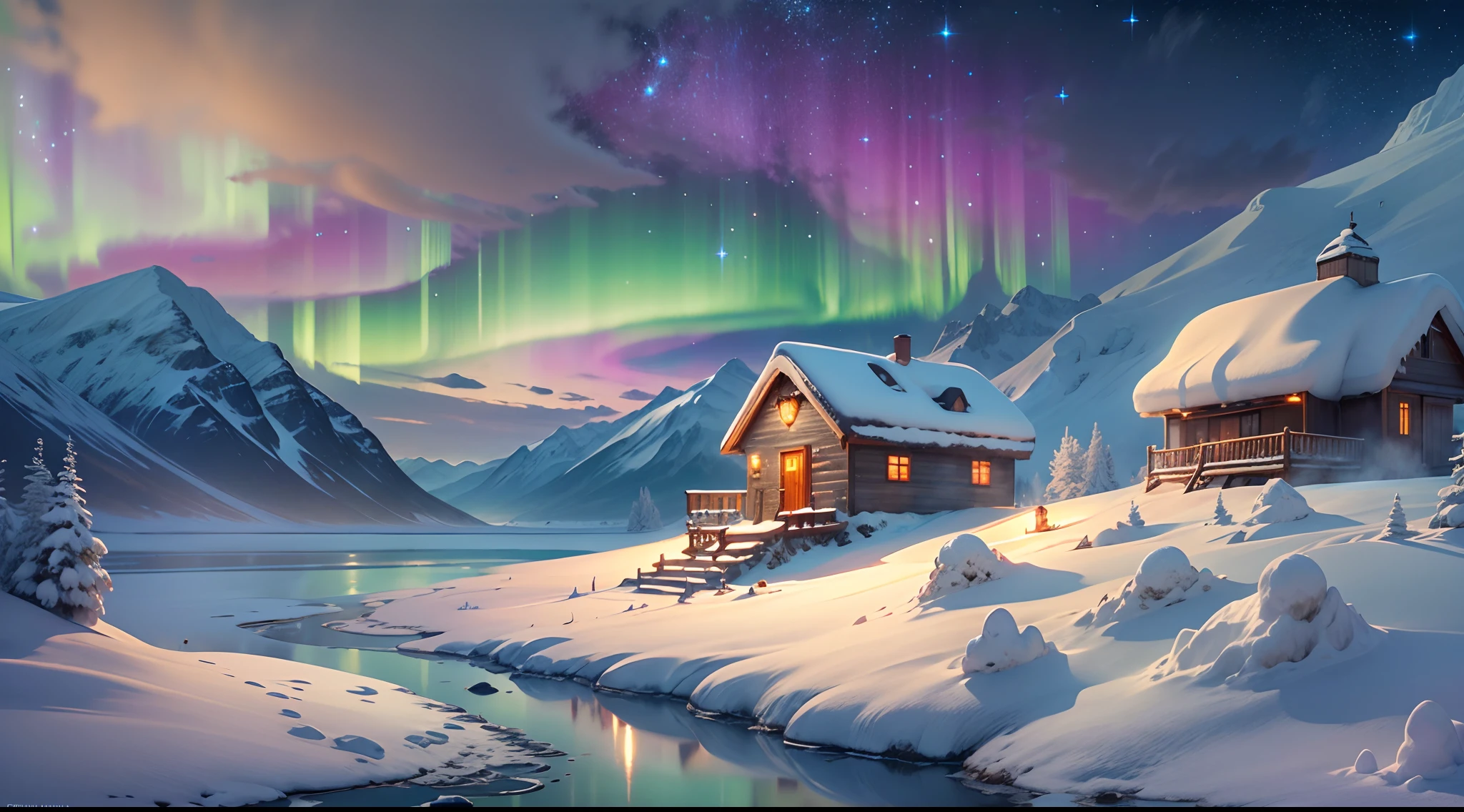 Best quality,A high resolution,(Masterpiece:1.2),Northern Lights,(Towering snow-capped mountains), (cottage house covered in snow),(reindeer),yukito,(sled),(clouds),Mist,(Moon),(galaxias), Breathtaking landscapes, Icy cliffs, Frozen lake, peacful, Majestic beauty, (Starry night), ethereal glowing, A miracle of nature, Peaceful solitude, Celestial wonders, vast, Natural phenomena, Silent night, Serene reflection, glittering stars, Mysterious charm