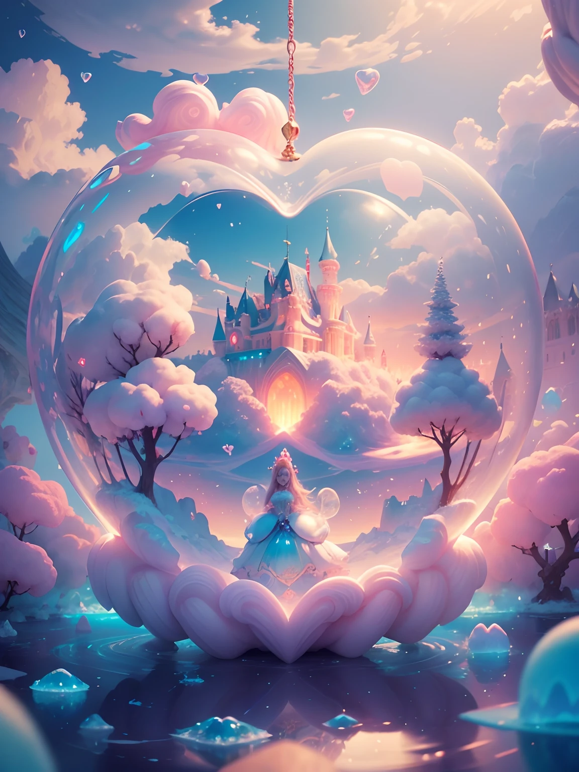 inside a heart shaped bubble a Cotton Candy Queen Women Goddess 8k Resolution Rendered Hyper Realistic Intricate Detail lives in an frosty heart shaped ice bubble, a fanciful place filled with castles, cotton candy, swans lakes and fluffy clouds, An intricate visual representation of computer programing, rendered in 24k resolution with intricate details and symbols.