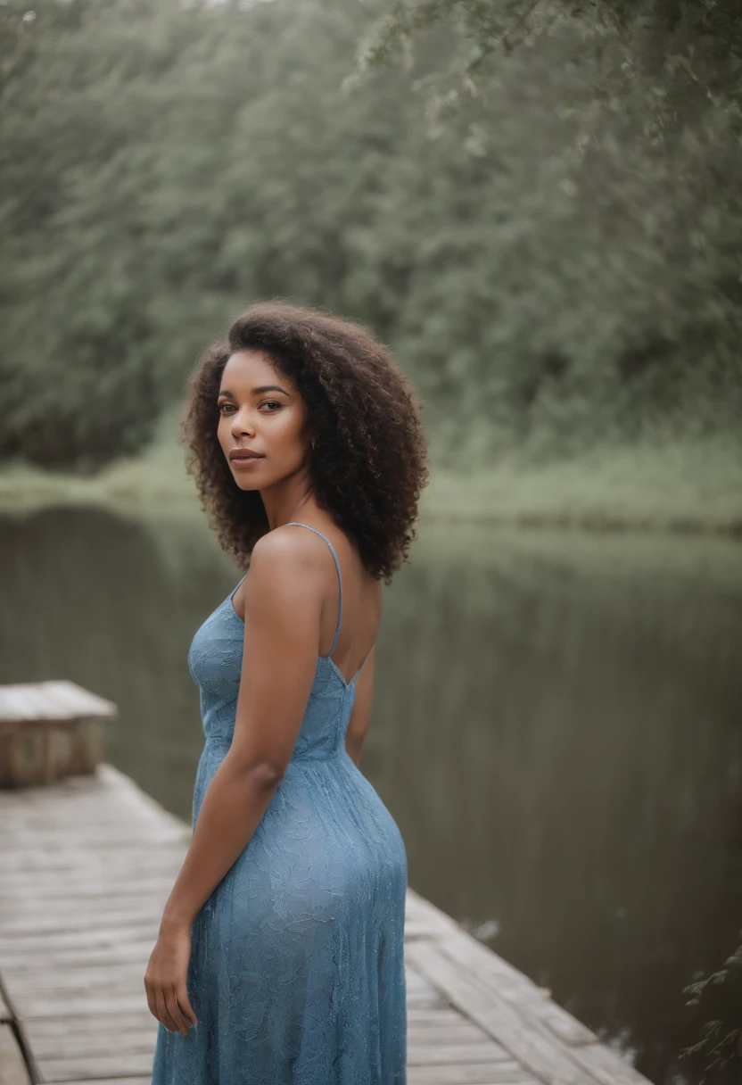 On the edge of the Rodrigo de Freitas Lagoon, a modelo, afro desedente, corpo escutural, usa lingerie azul, Capturing the tranquility of the mirrored waters and serene sky.realista, sinematica, 8k.