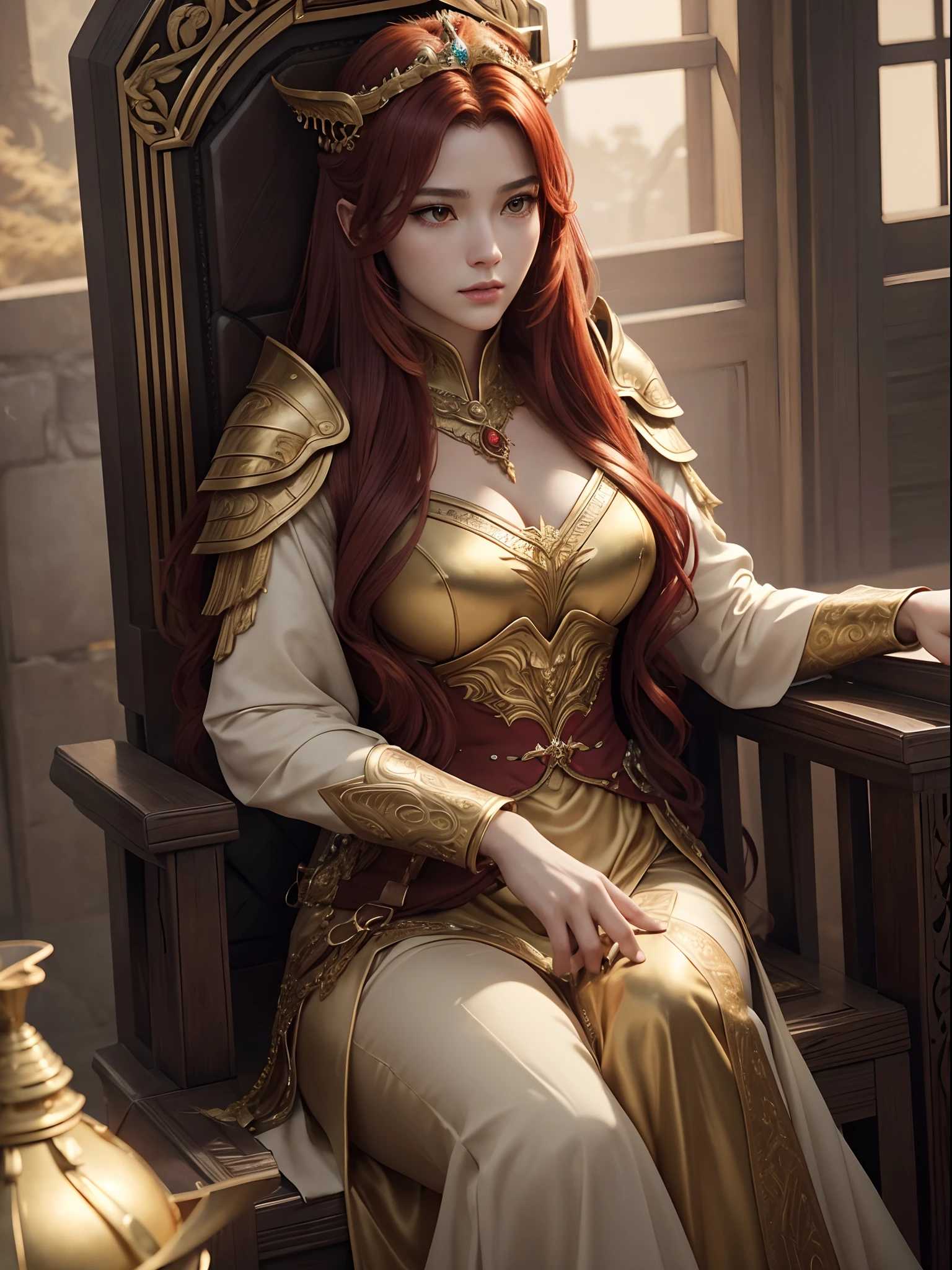 Gold and red tones、Fantasia、Ancient legends、eventide、Best Quality, Very high resolution, 4K Detail CG, master piece、aesthetics、Mysterious、Queen of Thrones、Charisma、Ishtar, Goddess of War、Increase your fighting spirit、Invincible Great General、Be brave and bold、brave、great、rigor、Awe-inspiring Hall々、glorias、Prestige、Veteran Hero、An unparalleled beauty with a sharp gaze、Rin々Right、Guardians of Lions、refinement、noble、Proud、Wearing noble jewelry、Equip your weapons、The appearance is luxurious and golden armor、cloaks、tall and slender、Long hair with fiery red hair、thirds rule、Perfect Angle、perfect-composition、low angles、Perfect light and shadow contrast、(((masterpiece)))、(((top-quality)))、((ultra-definition))、(High Definition CG Illustration)、((extremely delicate and beautiful))、Cinematic Light、)