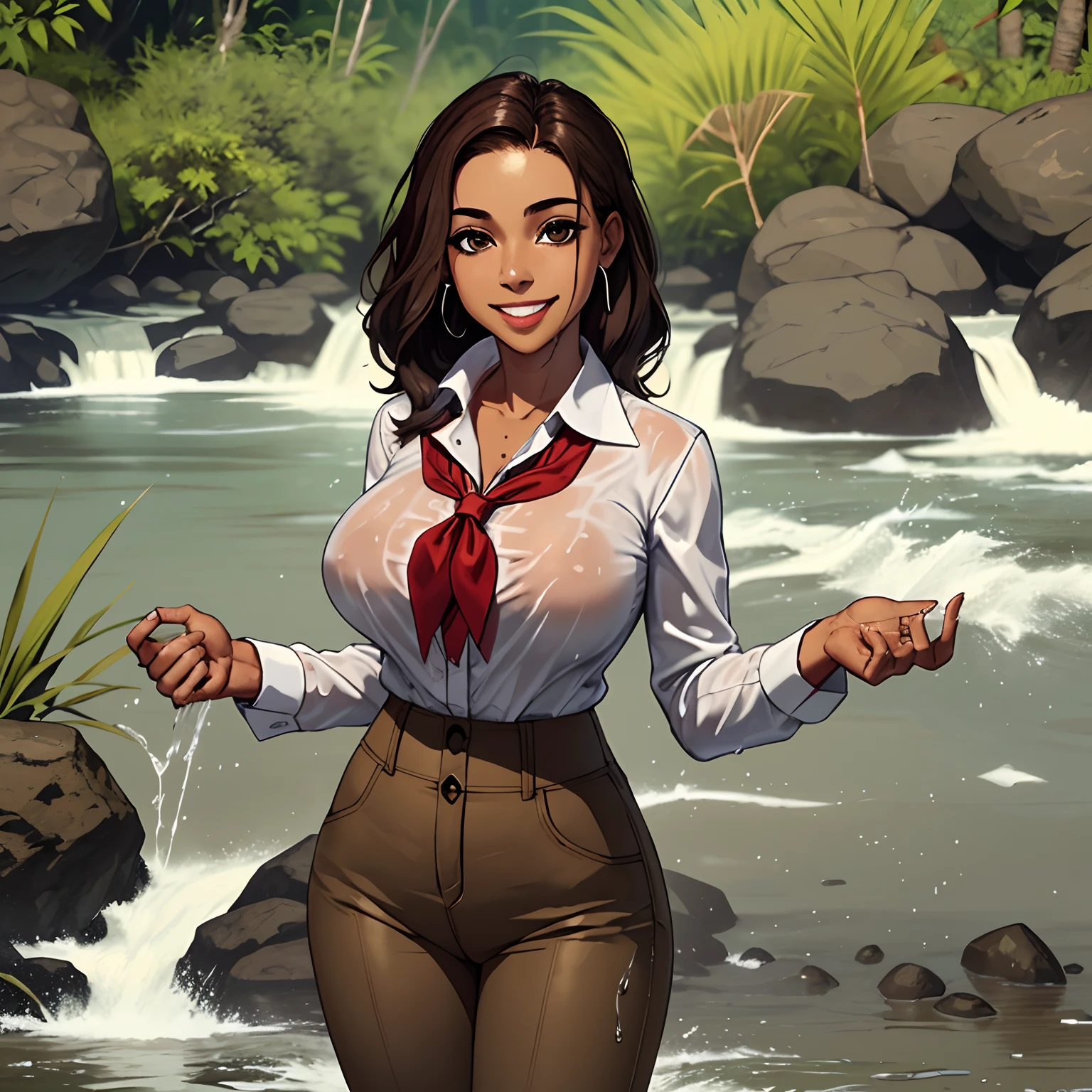 Abigail Shapiro, red neckerchief, brown skin, brown hair, large breasts, thin waist, dynamic, smile, White button shirt with pinstripes, brown pants standing in the Amazon river, wet, water flowing, jungle