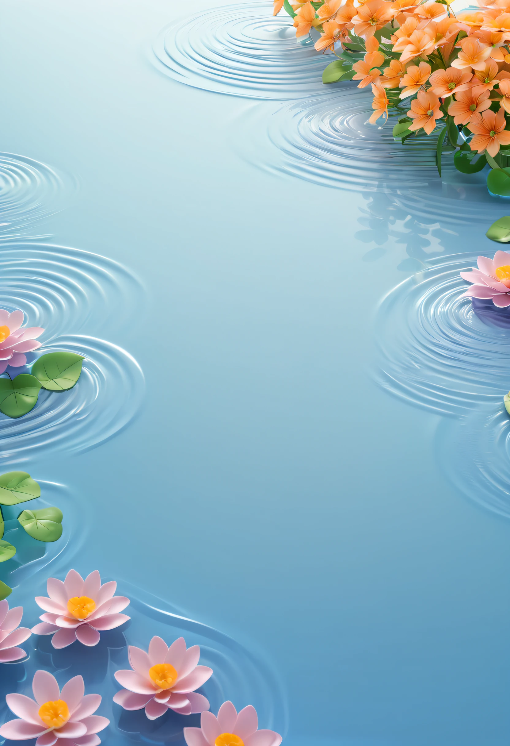 Lake surface, water ripples, flat cylindrical countertop, clean countertop, surrounded by flowers, gradient background, simplicity, advancedsense, atmosphere sense, scene design,3D,OC rendering,center composition,ultra-wide