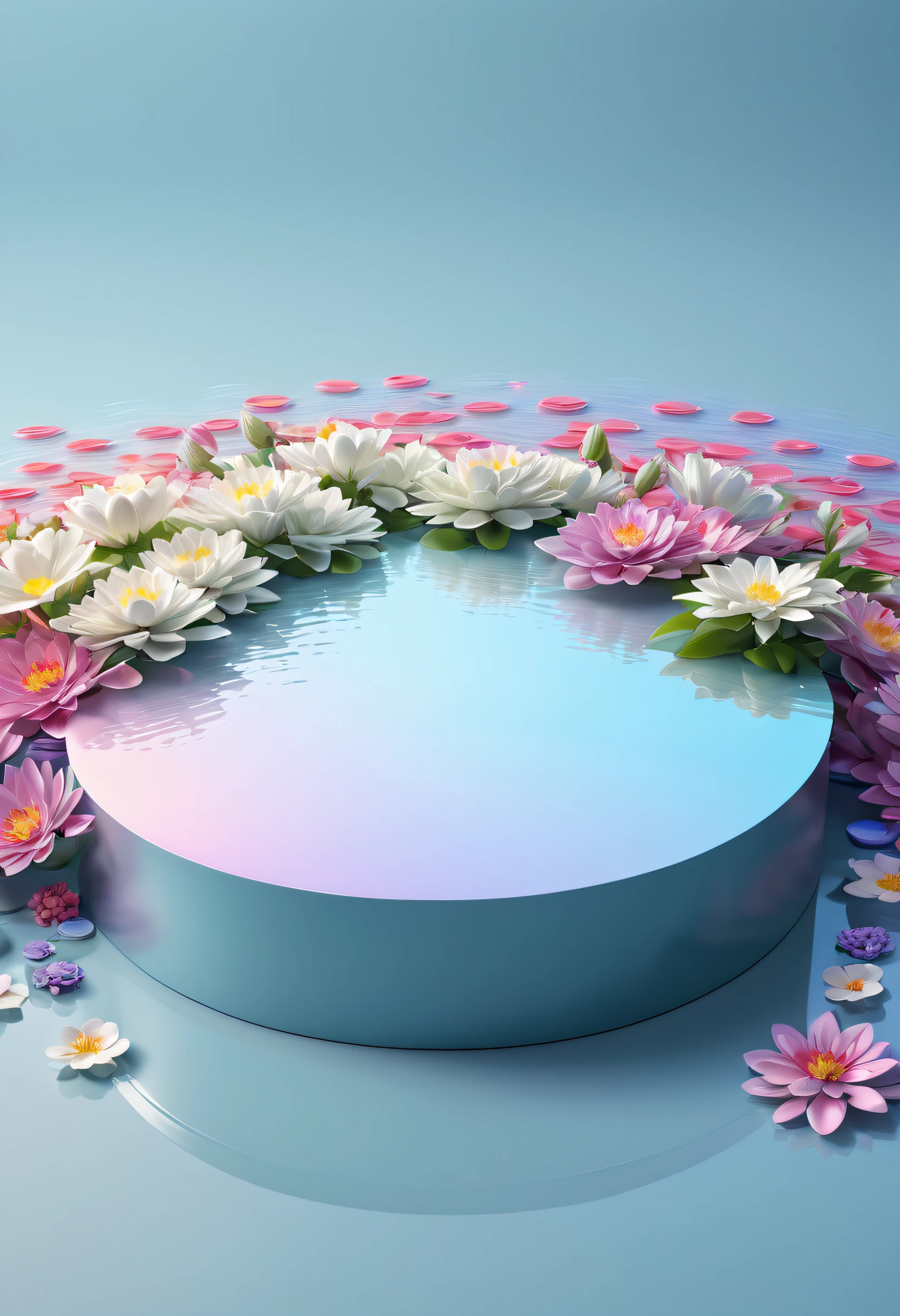 Lake surface, water ripples, flat cylindrical countertop, clean countertop, surrounded by flowers, gradient background, simplicity, advancedsense, atmosphere sense, scene design,3D,OC rendering,center composition,ultra-wide