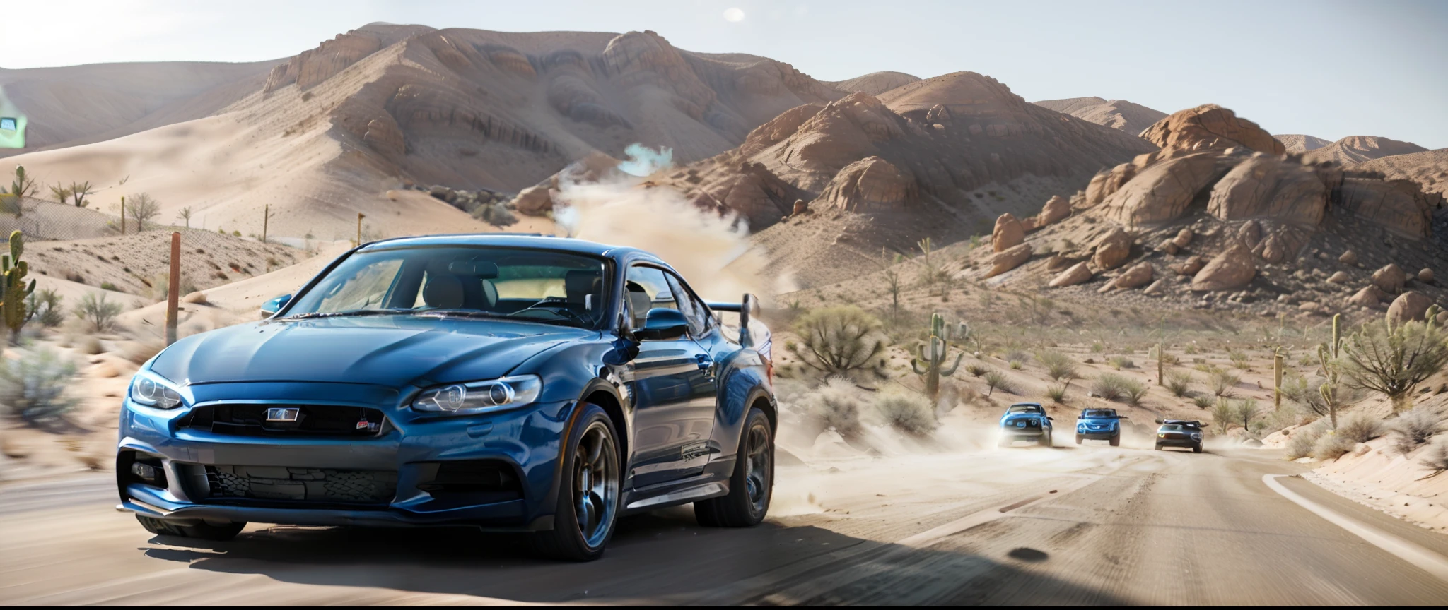 A blue sports car driving on a desert road, Kick up dust, automotive photography, Smoking tires, Desert landscape, automotive photography, environmental shot, Edited, Exercise, car shot, Commercial vehicle photos, Portrait shooting, auto photography, Smoke behind the wheels, Car photos, full view of a sport car, in the desert, advertising photograph.