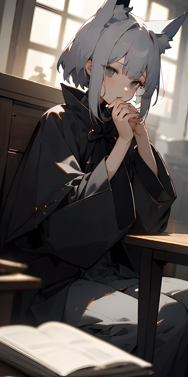 (masterpiece、top-quality)、Sit up、1 girl with wolf cut greige hair、Put your hands under your chin、Warm lighting、Dark gray clothes、blurred foreground、Halloween、sorcerer