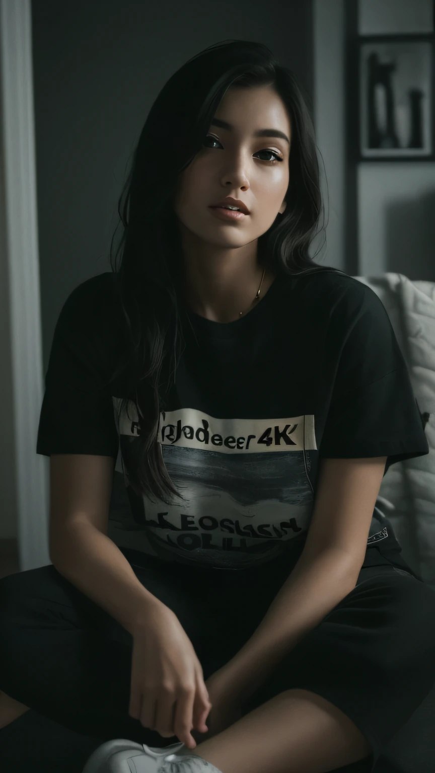 (best quality,4k,16k,highres,masterpiece:1.9), ultra-detailed, (realistic,photorealistic,photo-realistic:1.37), woman sitting on the floor, black blank shirt, black cargo pant, beautiful detailed eyes, beautiful detailed lips, extremely detailed eyes and face, long eyelashes, cute expression, look at camera. natural sunlight, minimalistic background, soft colors, gentle lighting