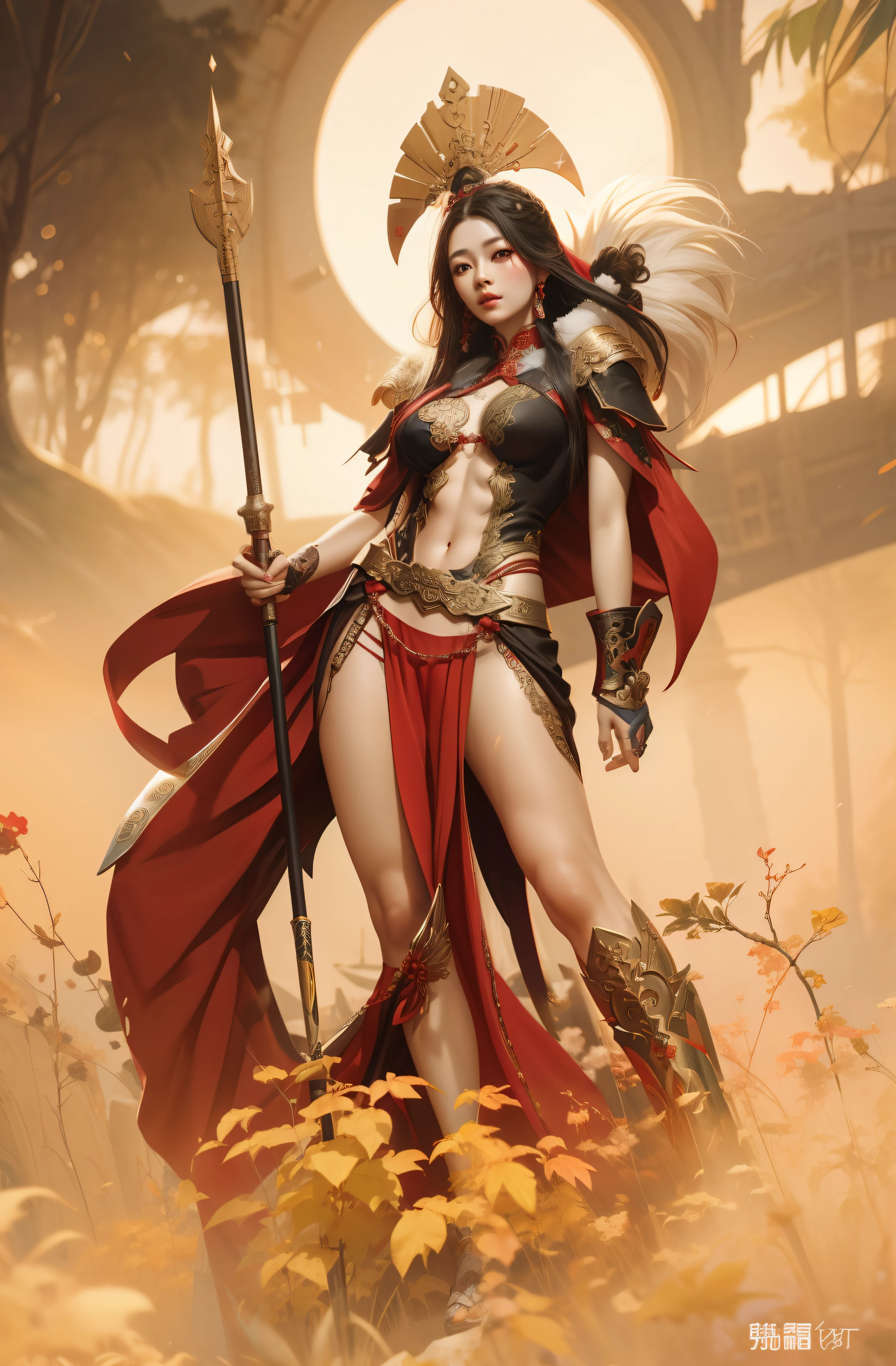 Mujer con un vestido rojo con una espada y una capa roja, por Yang J, Chengwei Pan en ArtStation, [ tendencias en CGSociety ]!!, CGsociety y Fenghua Zhong, Impresionante CGsociety, Modelo IG | Artgerm, WLOP y ROSS Tran, Obra maestra de CGsociety, CGsociety de cuerpo completo