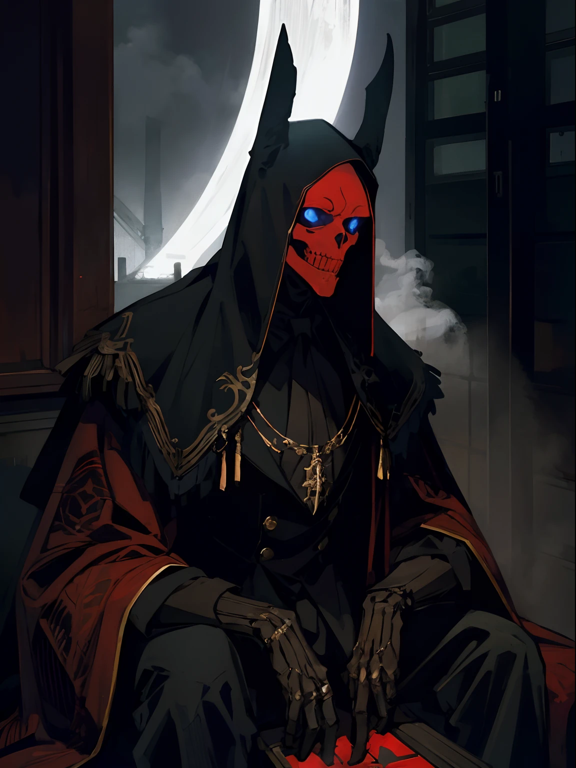 Skeleton mask,smokeing, Sitting on the roof at night, Blue light, Red light, black greatcoat,German military robes,A portrait of a person,Vintage accessories,ellegance