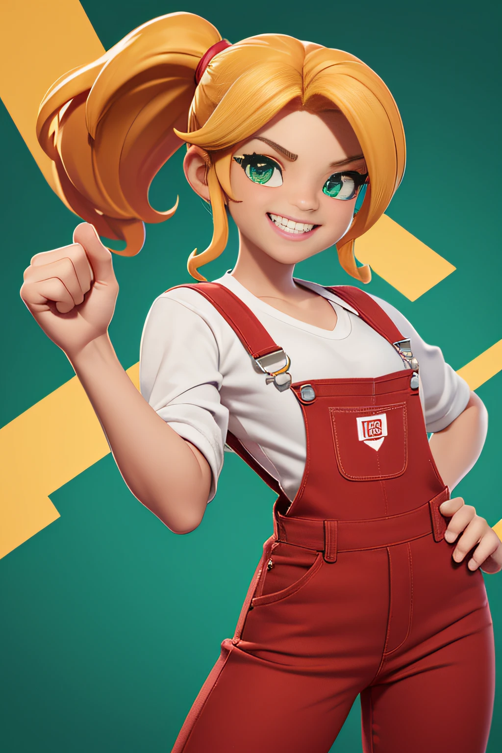 Same Reference Character, headpe, Costas, Laterais, parte de traz, (corpo inteiro: 1.2), Menina dos desenhos animados, with a fist in hand, Pointing your arms to the sky, Eating Victory, wearing red overalls, com bolsos amarelos, blonde hair ponytail, olhos morron, sorriso mostrando os dentes, ((Feliz: 1:1)), (red pants: 1.1), (Green suspenders: 1.1), (fundo do gradiente da branco claro: 1.1)