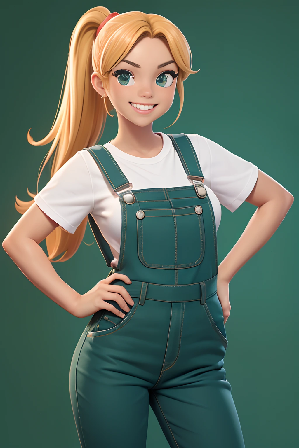 Same Reference Character, headpe, Costas, Laterais, parte de traz, (corpo inteiro: 1.2), dos desenhos animados, with a fist in hand, Pointing your arms to the sky, Eating Victory, wearing red overalls, com bolsos amarelos, blonde hair ponytail, olhos morron, sorriso mostrando os dentes, ((Feliz: 1:1)), (red pants: 1.1), (Green suspenders: 1.1), (fundo do gradiente da branco claro: 1.1)