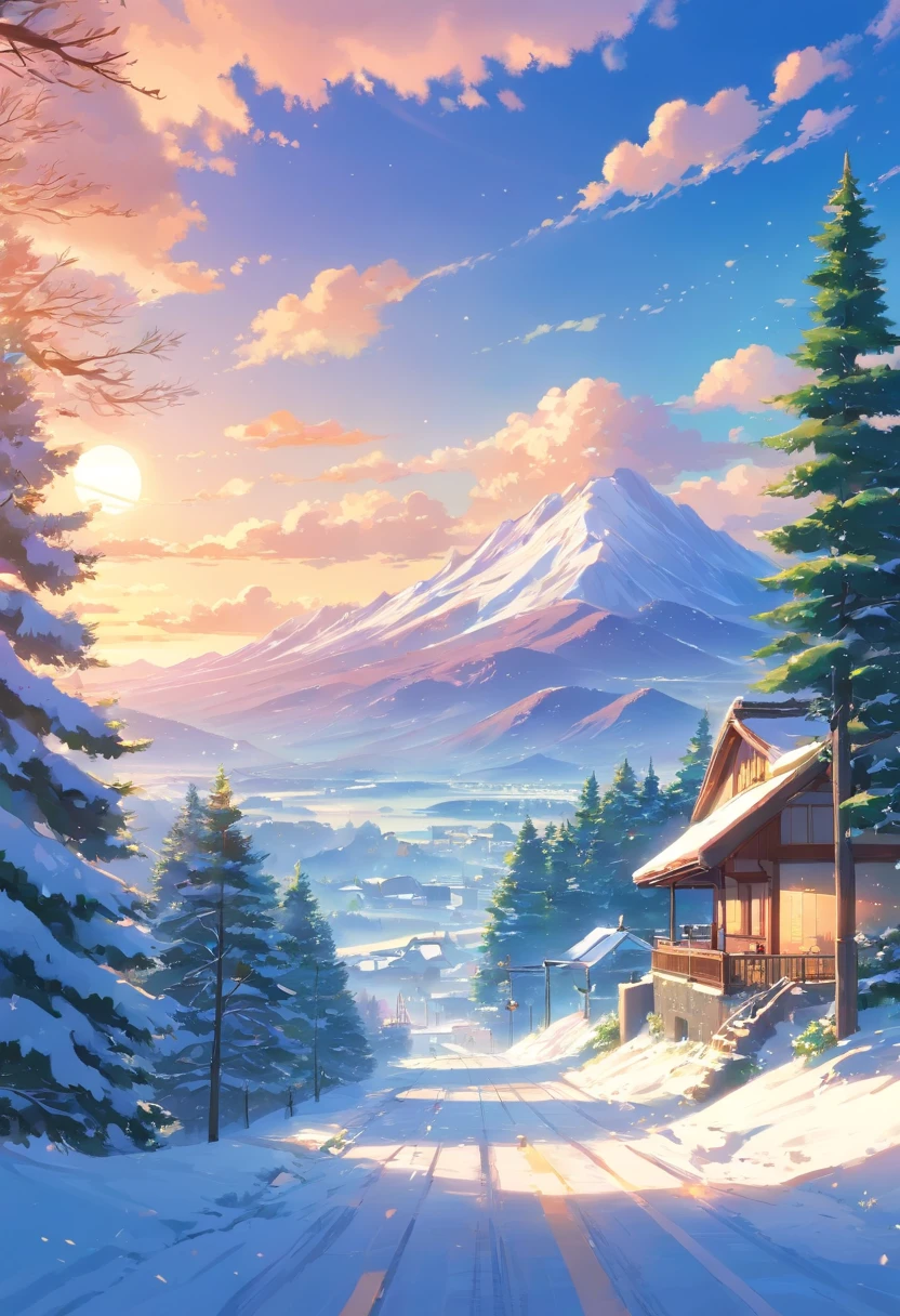 Create beautiful Christmas images, There are snowy mountains, Swiss House, Pine trees and snow, Anime countryside, made of tree and fantasy valley, scenery art detailed, beautiful cloud. anime big breast, Detailed scenery—width 672, anime landscape wallpapers, anime landscape, View of Ghibli Studio, Highly Detailed 4K Digital Art, Paper awesome wallpaper, Tran Ross. scenery background, dream landscape