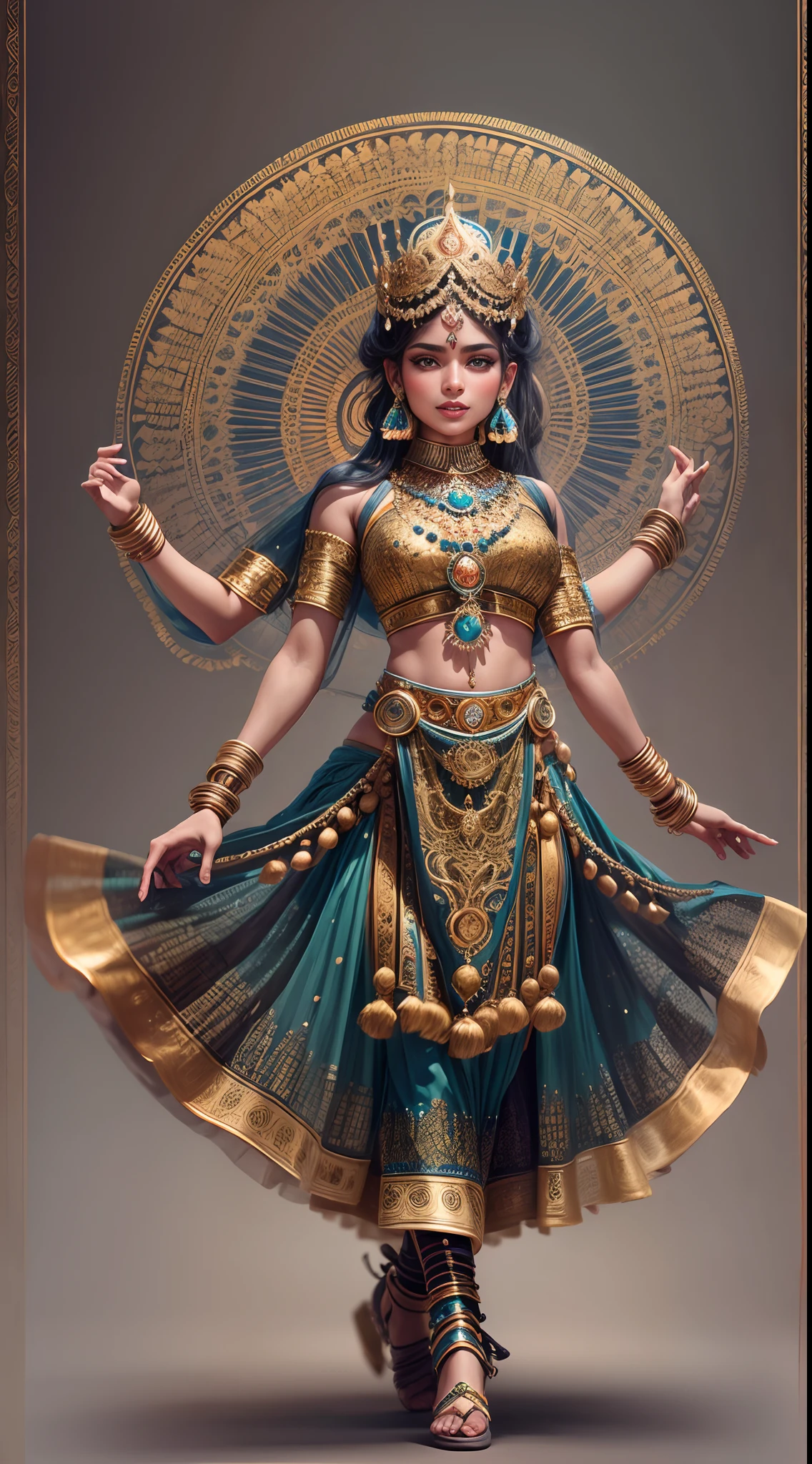 A Indian Odysi dancer,Metal color scheme,Highly detailed face and body,Sparkling eyes and vibrant makeup,ornate jewelry,Smooth and elegant movements,traditional Indian clothing,Gears and clockwork mechanisms are widely used,Ethereal backdrop with hints of Indian architecture,Professional studio lighting(Best quality:1.2),Dramatic shadows and highlights,Elegant and complex dance poses,Contrasting colors and textures,Technology blends with traditional art