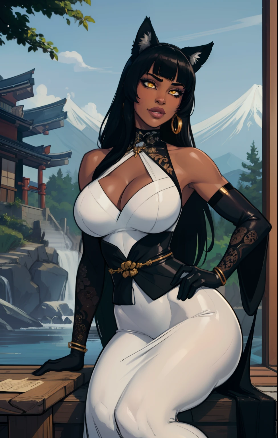 (masterpiece, best quality:1.3), highly detailed, intricate, professional art, digital art, 8K, blake belladonna, (african woman: 2.3), (dark skin: 2.8), sits down and rests her chin on her hands, (japanese forest complex background, outside:1.15), cowboy shot, animal eyes, cat ears, black hair, long hair, blunt bangs, lipstick, (purple makeup:1.1), black eyeshadow, smokey eyes, detailed hair, ultra detailed face, yellow eyes, perfect eyes, perfect face, (very dark skin: 1.8), african, (tail:0), (japanese clothes:1.1), detached sleeves, (hip vent:0.9), (bridal gauntlets:1.1), shrug (clothing), black gloves, elbow gloves, (young female, 18 years old:1.1, dark-skinned: 2.4), Large Breasts, cleavage. Hands on her hips as she gazes at the viewer as she smiles.