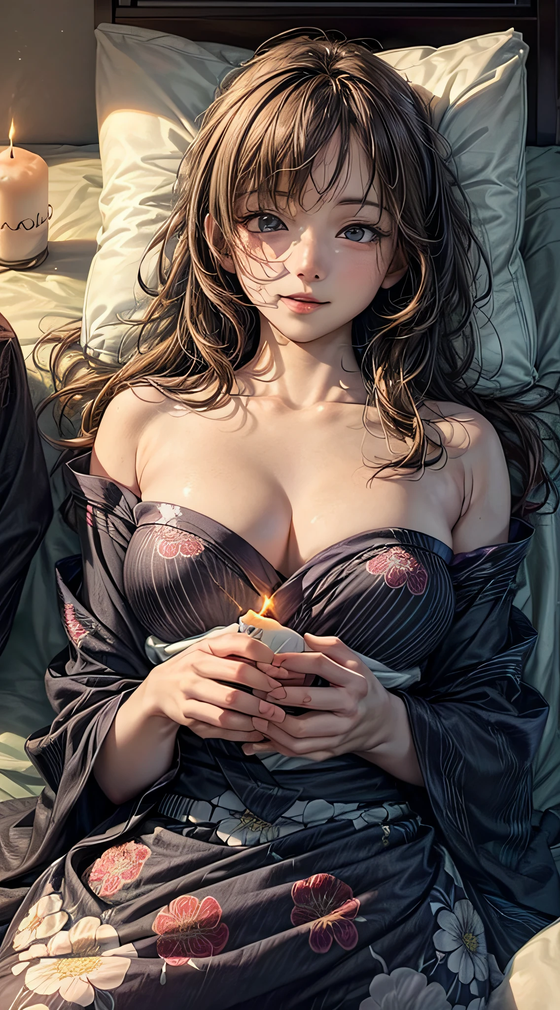 (1girl in), Extremely cute face, Amazing face and eyes, (Highly detailed eyes, Highly detailed face), fresh, Very clean appearance, (Hyper-realistic, hight resolution), (Best Quality:1.4), Raw photo, (Realistic, Photorealsitic:1.37), Professional Photography, (floral pattern yukata:1.25), (Amazing big:1.1), (Open yukata), (Bare shoulders), Smile slightly, (Lying face down on a futon:1.5), (Staring at me), Bedroom, futon bedding, PILLOWS, Flower Screen, Relaxing, (The bedroom is pitch black:1.6), (Only the brightness of one candle:1.5),