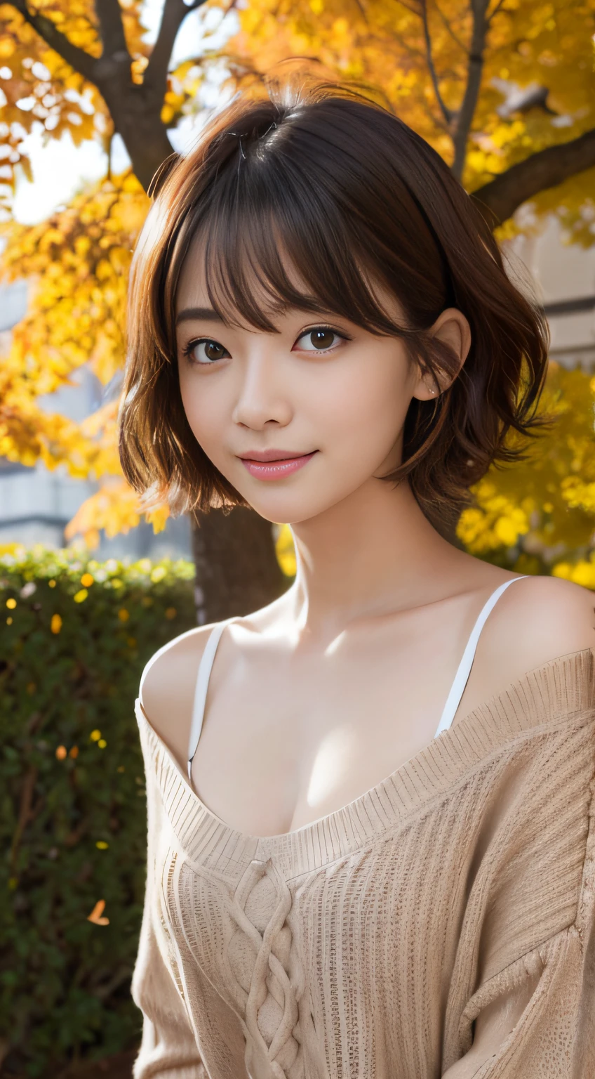 (tmasterpiece:1.3), (8K, Photorealsitic, RAW photography, Top image quality: 1.4), Japan high school girls、(random hair style:1.2)、nedium breasts:1.2、Super detail face、Eye of detail、二重まぶた、Bring your chest together、foco nítido:1.2、Beautiful woman:1.4、Light brown hair、top-quality、tmasterpiece、超A high resolution、(Photorealsitic:1.4)、Highly detailed and professionally illuminated smile、Loose and lightweight knitwear、shoulders out、Slender、serious face expression、short detailed hair、Fatal position