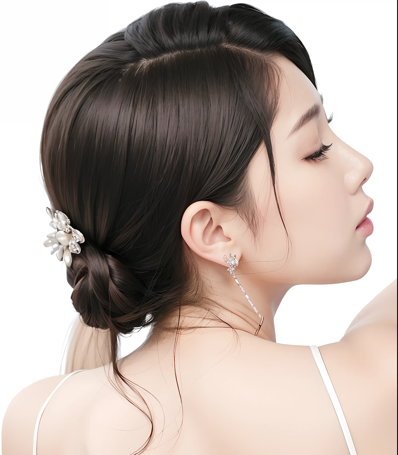 There was a woman, side of head, Korean woman, elegant profile pose, side profile centered, head turned to the side, the sideview, side - view, the sideview, side view profile centered, Sidehair, beautiful Korean women, thin lustrous hair, lee ji eun, Lee Ji-eun, side pose