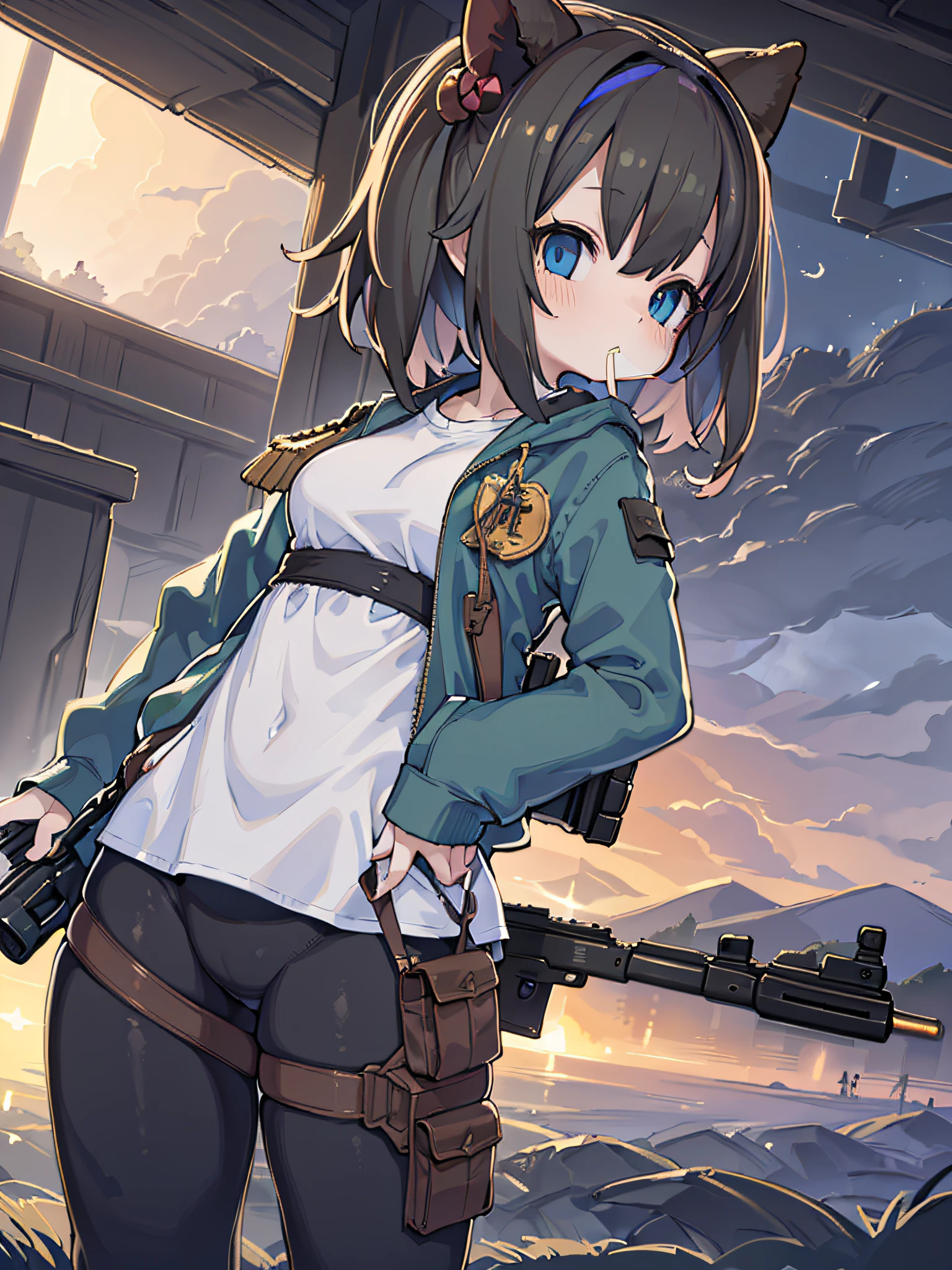 An anime style girl, with gum in her mouth, big matte blue eyes, long sideburns, low-cut white short t-shirt, camouflage jacket, leggings, perfect breasts, big ass, thick thighs, holster, ((((Rifle strapped to her back) ))), {extremely detailed 16k CG unit wallpaper}, expansive landscape photography, (a low view focusing on the character and setting), (wide open field view), (low angle shot) , (high light: 1.6), (low light: 1.6), (warm light source: 1.4), complex details, (iridescent colors: 1.8), (bright lighting), (atmospheric lighting), dreamy, magical,