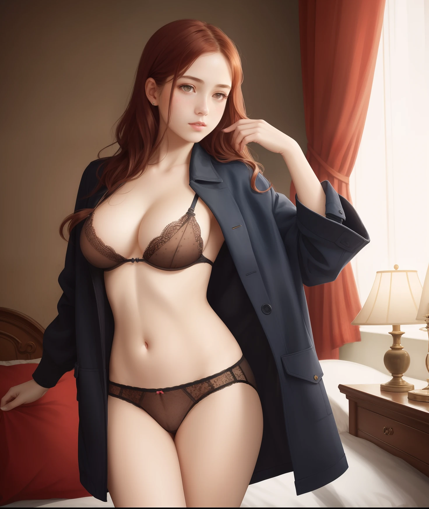 Copy masterpiece, best quality, hyperrealistic, cinematic photo, innocent girl, swedish, pronounced feminine features, jacket unzipped, no shirt tits showing, nips showing, very long brownish red hair, huge breasts, freckled face, (bedroom background), legs spread, panties showing, , victorian style, (8k, epic composition, photorealistic, sharp focus), elaborate background, dslr, intricate details, rule of thirds,
